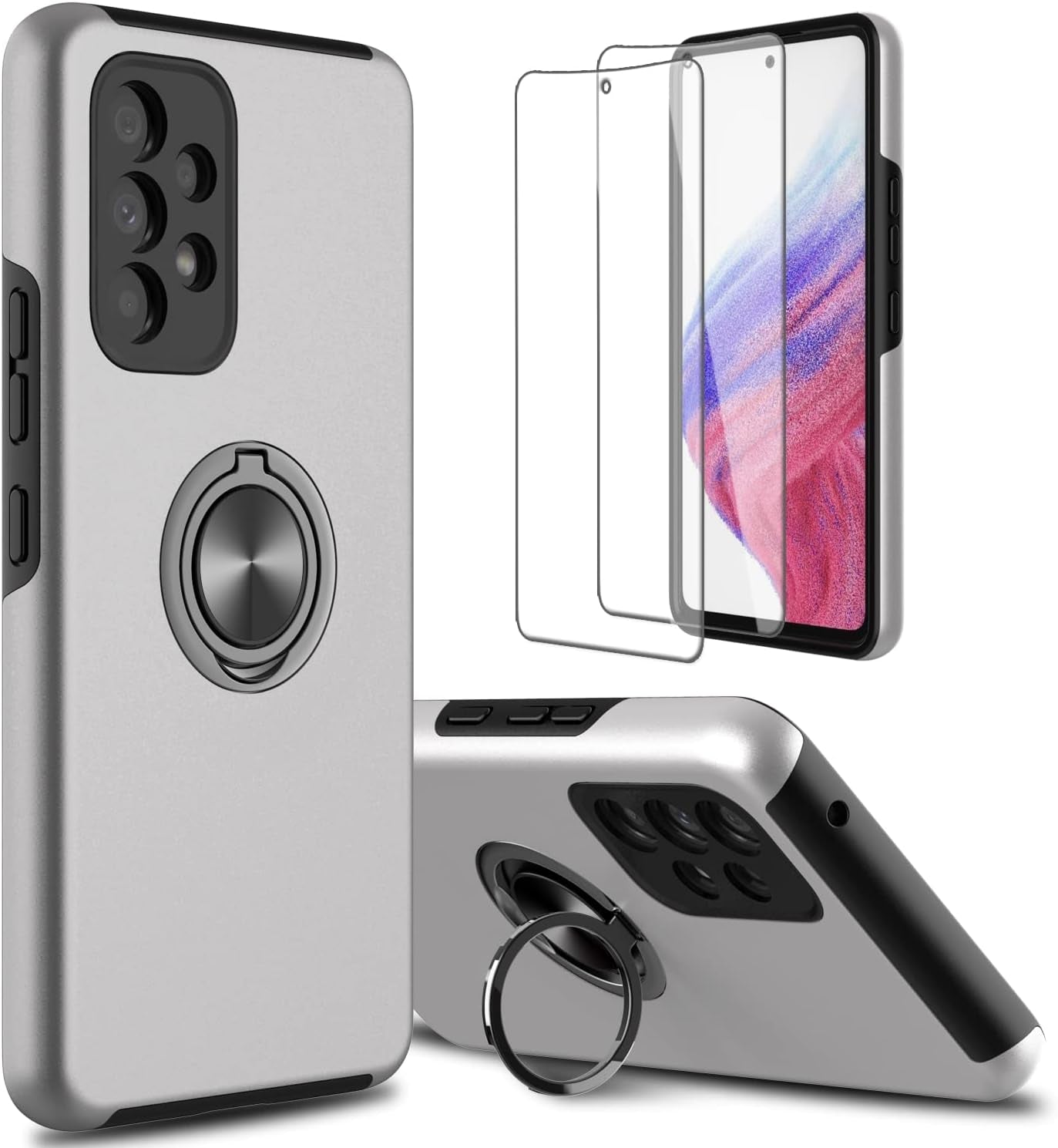 For Samsung Galaxy A53 5G Phone Case with TPU Screen Protector, Ring Holder Kickstand Drop Proof Protective Slim Hard Dual Layer Stand Non-Slip Tough Cover Cell Phone Case (Green)