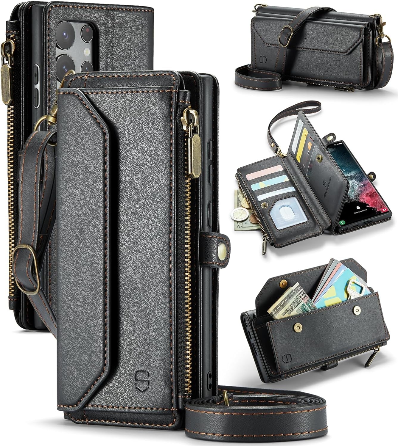 Crossbody for Samsung Galaxy S22 Ultra Case Wallet【Rfid Blocking】 with 10-Card Holder Zipper Bills Slot, PU Leather Magnetic Shoulder Strap for Galaxy S22 Ultra 5G Phone Case Women,Bluegreen