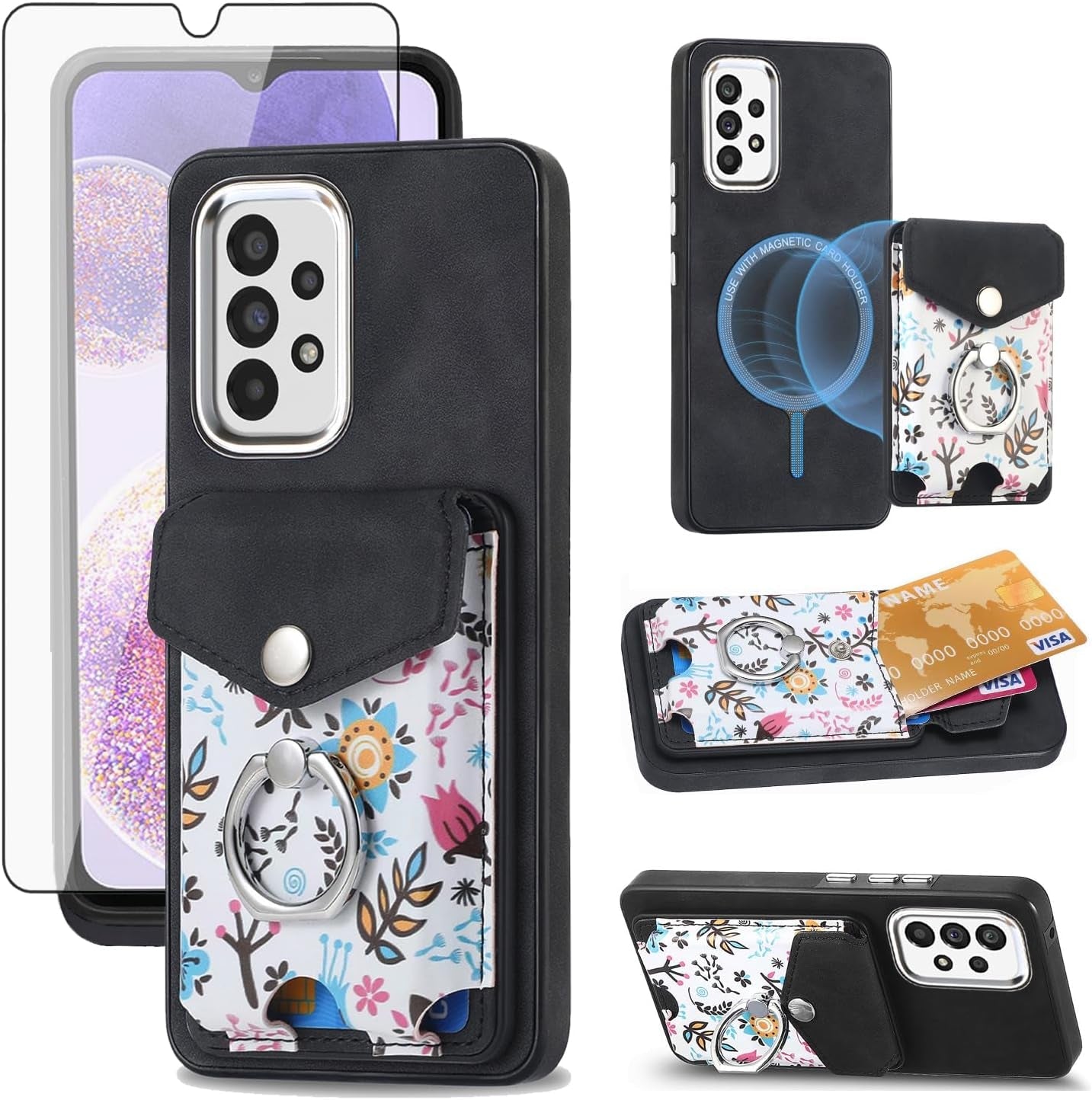 Asuwish Phone Case for Samsung Galaxy A53 5G Wallet Cell Cover with Screen Protector Magnetic Slim Ring Stand Kickstand Back Credit Card Holder Slot a 53 G5 53A SM A536U 6.5" 2022 Girls Women Black