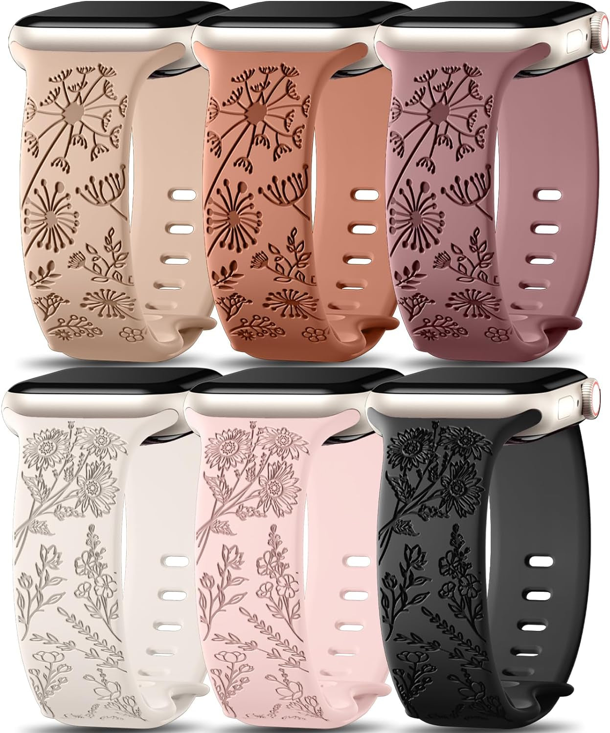 6 Pack Flower Engraved Bands Compatible for Apple Watch Band 40Mm 41Mm 38Mm 42Mm 44Mm 45Mm 49Mm Women,Soft Silicone Cute Wildflowers Sport Laser Strap for Iwatch Bands Series 9 Ultra SE 8 6 5 4 3 2 1