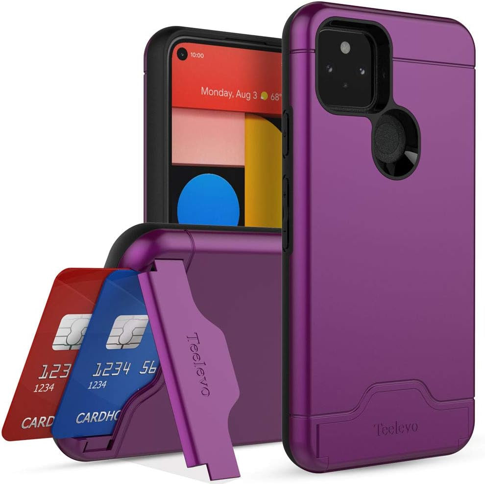 Teelevo Wallet Case for Google Pixel 5, Dual Layer Case with Card Slot Holder and Kickstand for Google Pixel 5 - Black Teelevo Purple