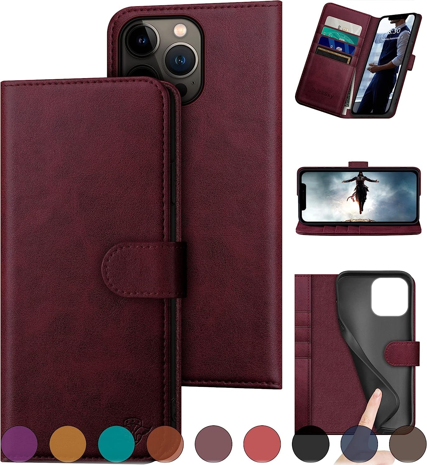 Ducksky for Iphone 15 Pro 6.1" Genuine Leather Wallet Case 【RFID Blocking】【4 Credit Card Holder】【Real Leather】 Flip Folio Book Phone Case Protective Cover Women Men for Apple 15 Pro Case Khaki DuckSky Wine Red