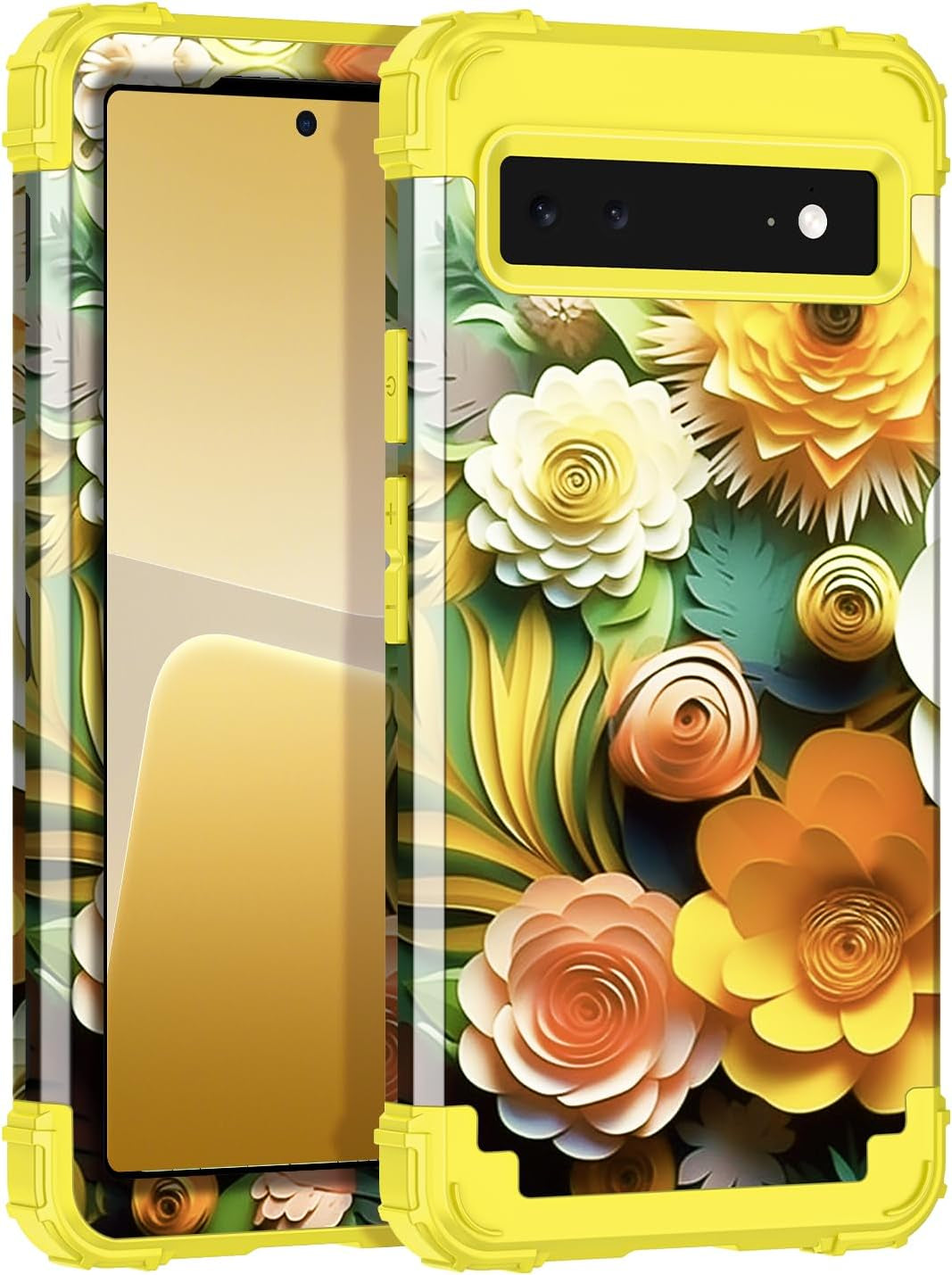 Hekodonk for Google Pixel 6 Case,Heavy Duty Shockproof Protection Hard Plastic+Silicone Rubber Hybrid 3 in 1 Drop Protective Case for Google Pixel 6 Black Flower Hekodonk B-Yellow Flower