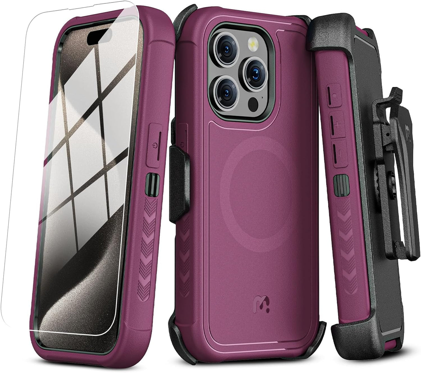 MYBAT PRO Maverick Iphone 15 Pro Case with Belt Clip Holster,Compatible with Magsafe W/Screen Protector,Anti-Drop,Shockproof,With 360°Rotating Kickstand,Heavy Duty Protection Natural Titanium Valor Communication, Inc. Plum Iphone 15 Pro