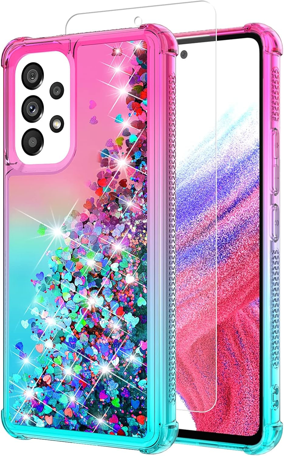 For Galaxy A53 Case,Samsung A53 5G Case with HD Screen Protector,Gradient Quicksand Glitter Liquid Floating Waterfall Durable Girls Cute Phone Case for Samsung Galaxy A53 5G (Teal/Purple)