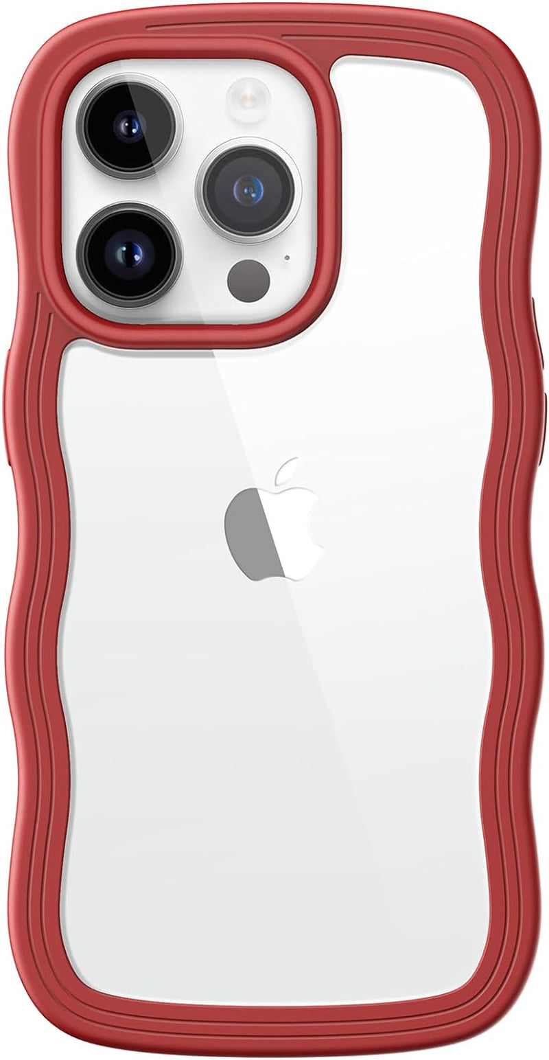 Jetech Cute Case for Iphone 14 Pro 6.1-Inch, Wave Frame Curly Shape Shockproof Phone Cover for Women and Girls, Clear Hard PC Back (Red) JETech Red