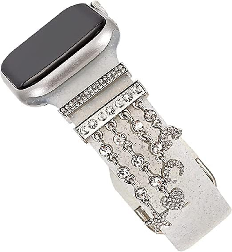 Decorative Rings Loops Compatible with Apple Watch Silicone Bands Metal Diamond Charms 45Mm 44Mm 42Mm 41Mm 40Mm 38Mm Iwatch Series 8 7 6 5 4 3 2 1 Accessories, Silver-Night Sky, Adjustable