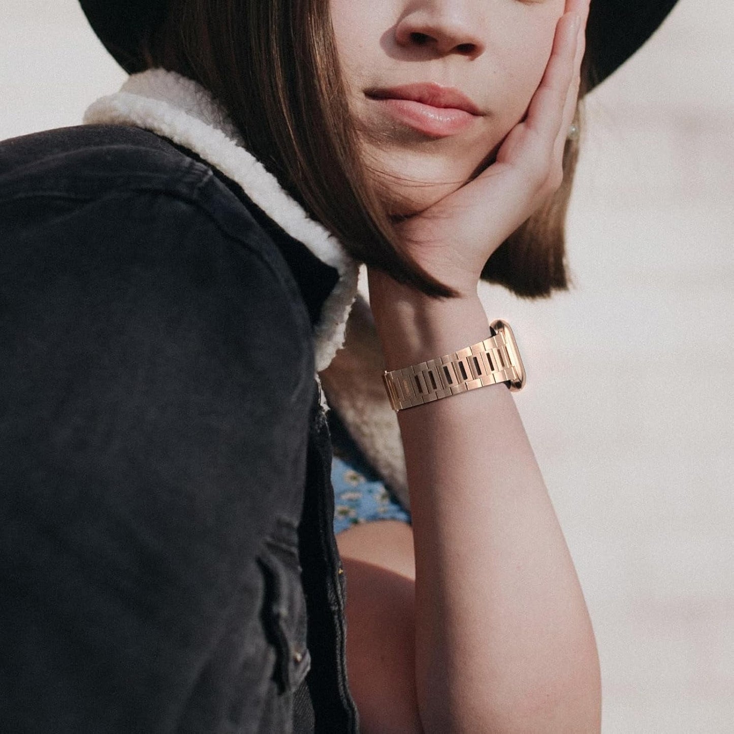 Finestone Metal Band for Apple Watch - Stainless Steel Apple Watch Band Compatible with Apple Watch 41Mm 40Mm 38Mm - Slim Hollow-Out Design Strap for Iwatch Series 9/8/7/6/5/4/3/2/1 SE Women Men Rose Gold