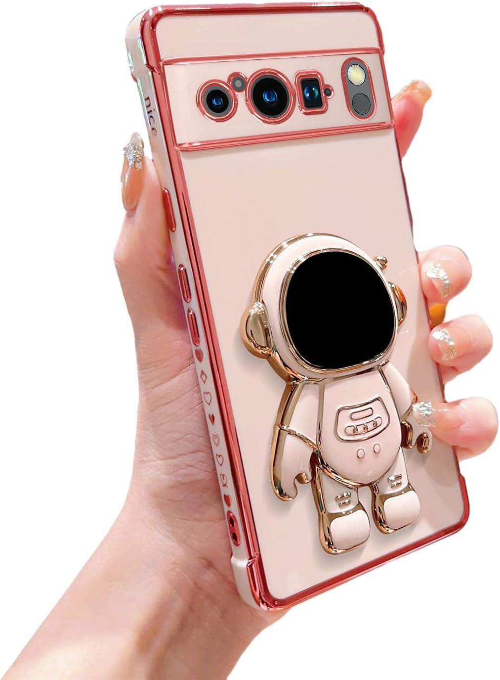 Phylla Phone Case for Google Pixel 8 Pro 6.7” 5G,Luxury Plating Astronaut Stand Holder Phone Case with Cute Love Heart Side Small Pattern Soft Silicone Shockproof Kickstand Cover Bumper (Black) PHYLLA\1 Pink