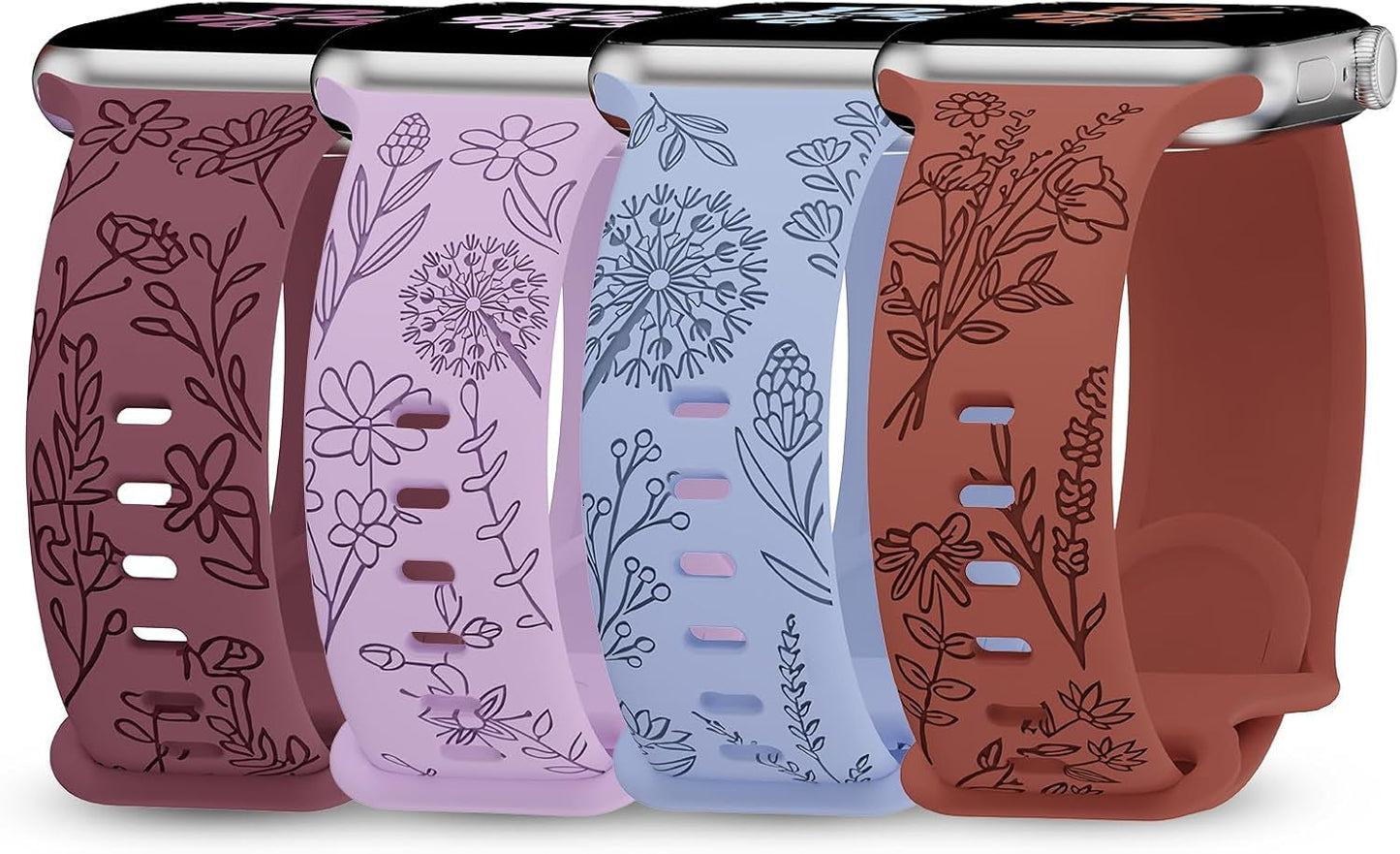 4 Pack Floral Engraved Bands Compatible with Apple Watch Bands 38Mm 40Mm 41Mm 42Mm 44Mm 45Mm 49Mm Women