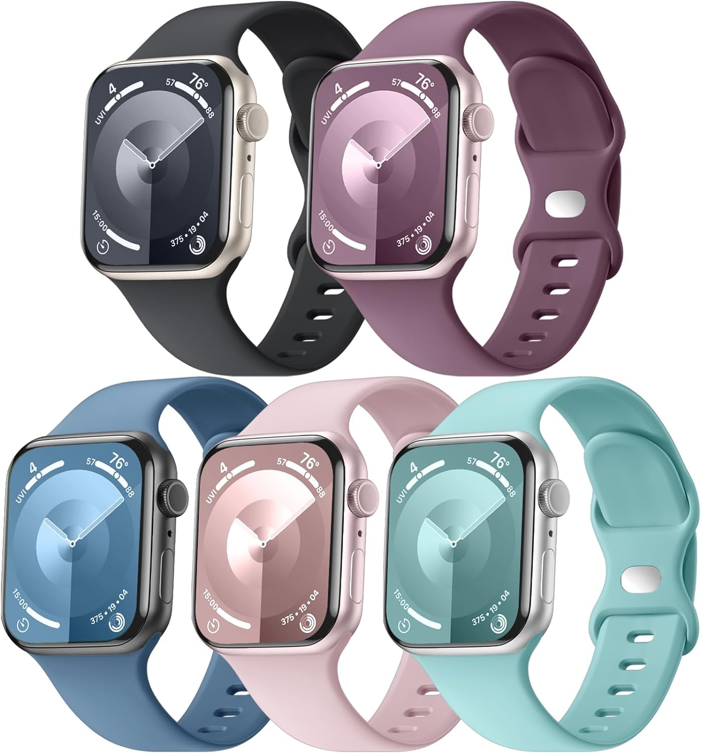 5 Pack Soft Silicone Bands - Compatible with Apple Watch Ultra 2 & Ultra Band 49Mm 45Mm 44Mm 42Mm 41Mm 40Mm 38Mm for Men Women, Breathable Sport Strap Band for Ultra 2 Iwatch Series 9 8 7 6 SE 5 4 3 2