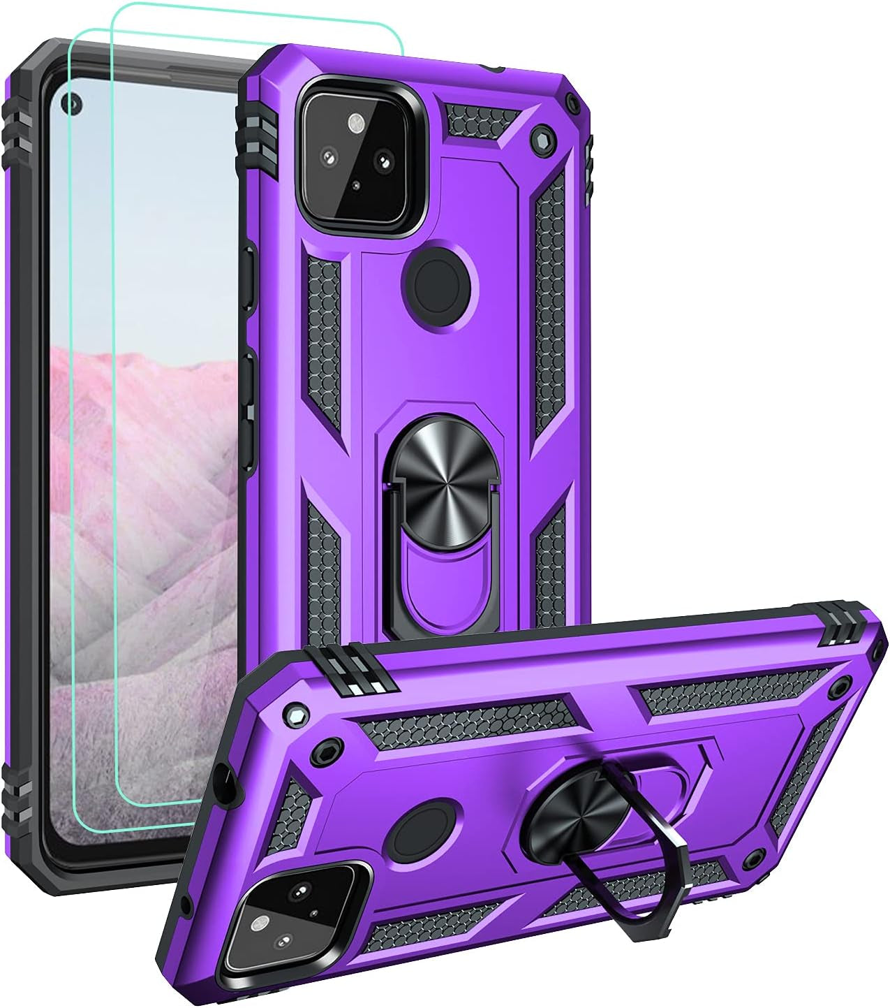 Androgate Designed for Google Pixel 5A Case with HD Screen Protectors, Military-Grade Metal Ring Holder Kickstand 15Ft Drop Tested Shockproof Cover Case for Pixel 5A 5G Red E&M Tek Purple