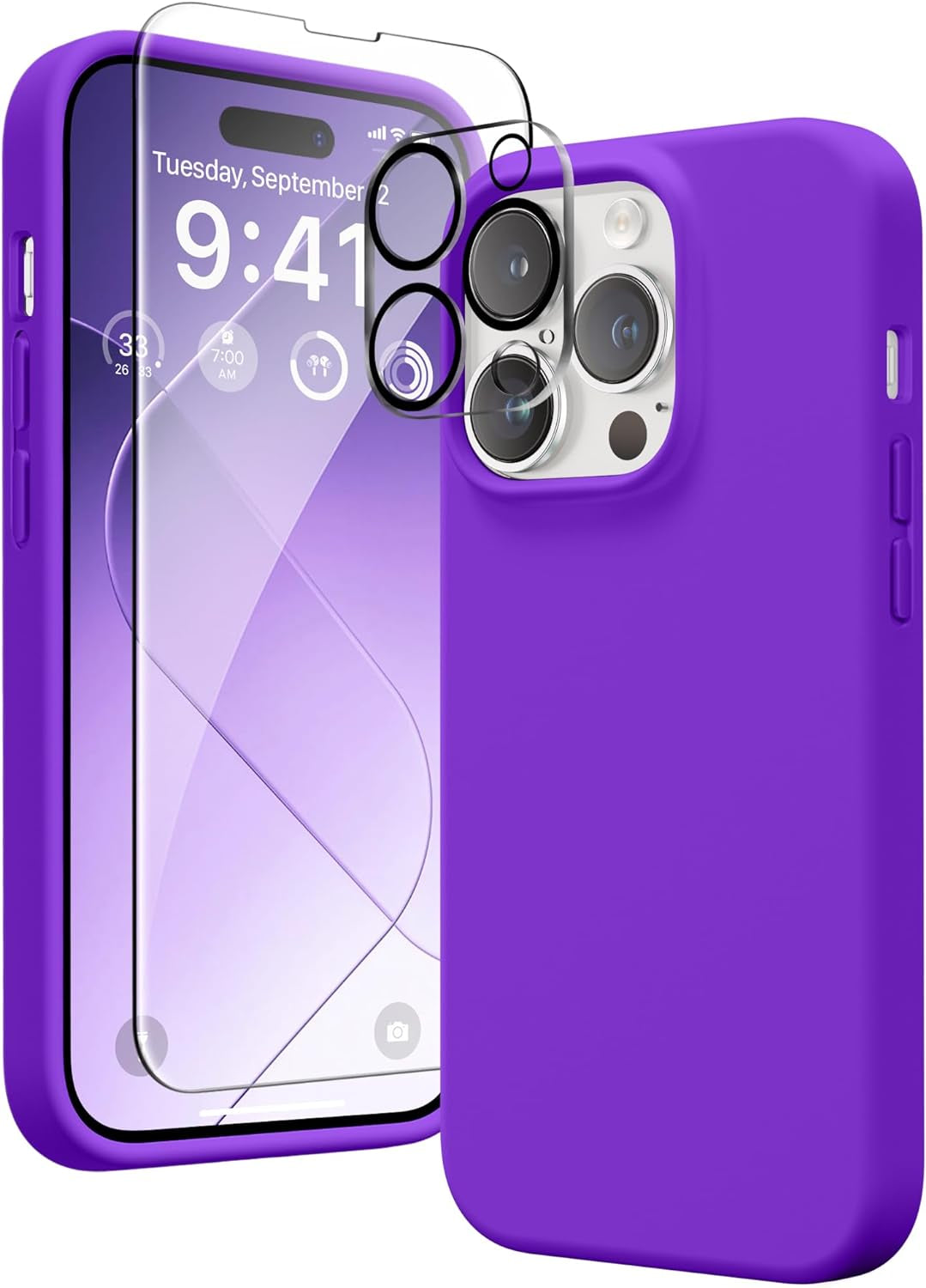 GONEZ for Iphone 14 Pro Case, with 2 Pack Screen Protector + 2 Pack Camera Lens Protector, Soft Anti-Scratch Microfiber Lining, Shockproof Protective Liquid Silicone Phone Cover 6.1'', Blue GONEZ Neon Purple Iphone 14 Pro