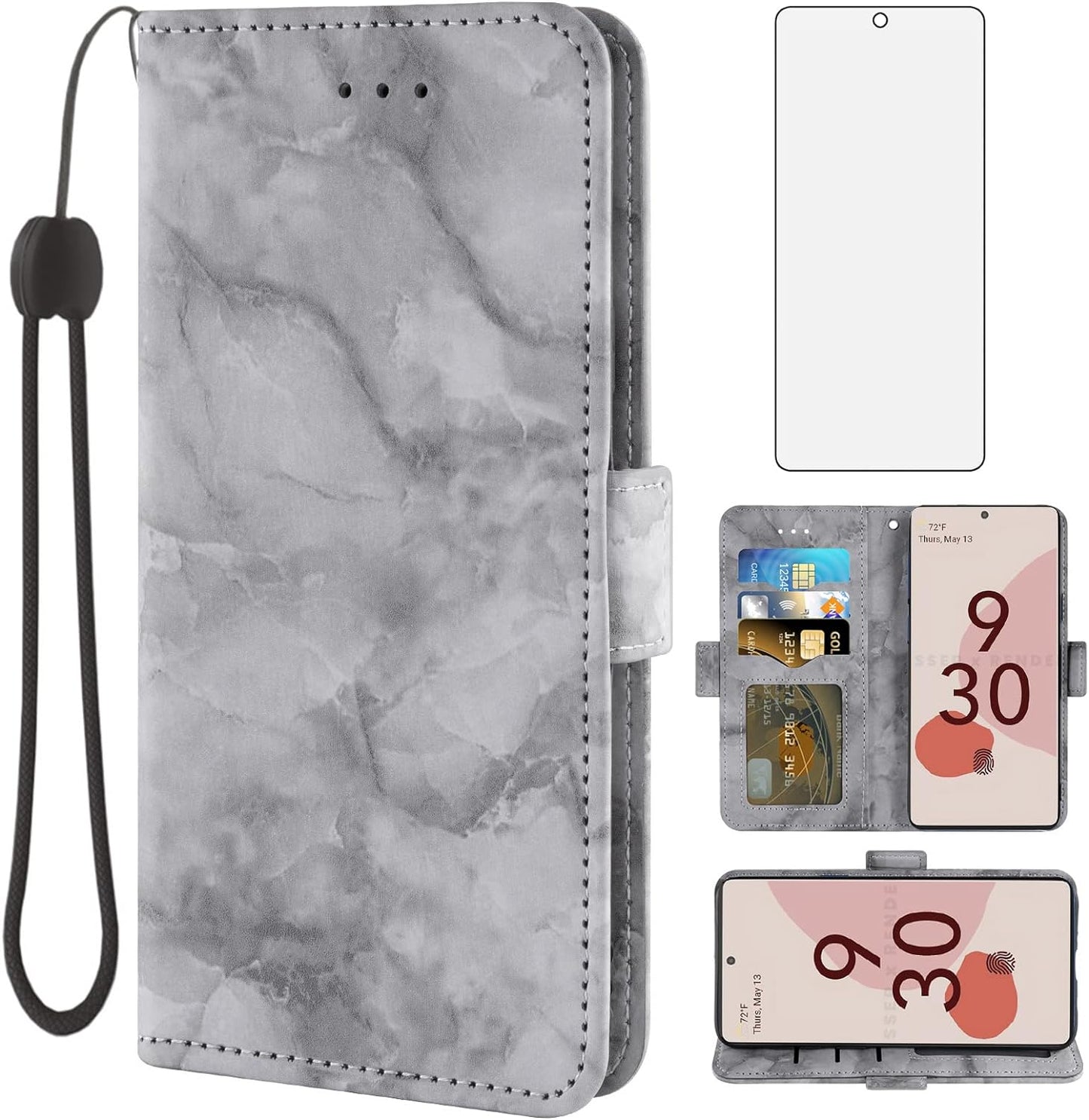 Asuwish Phone Case for Google Pixel 6A 5G 2022 with Tempered Glass Screen Protector and Marble Wallet Cover Flip Card Holder Slot Stand Leather Kickstand Cell Accessories Pixel6A Women Men Purple Asuwish Black