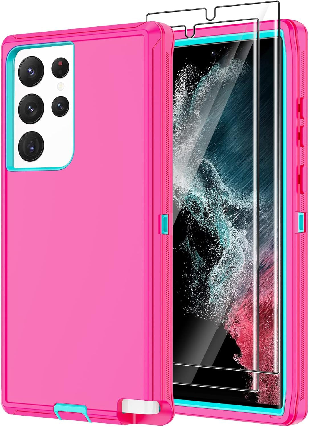 Annymall for Samsung Galaxy S22 Ultra Case with 2 Screen Protector, Full Body Heavy Duty Shockproof Drop-Proof Phone Case Rugged 3-Layer Defender Protective Cover for Samsung Galaxy S22 Ultra (Pink)