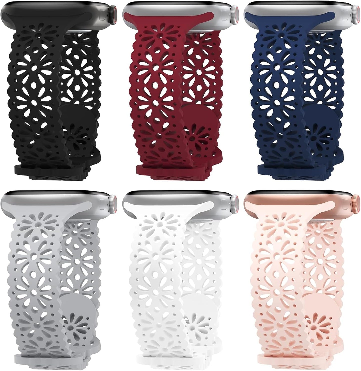 6 Pack Lace Hollow-Out Silicone Bands Compatible with Apple Watch 38Mm 40Mm 41Mm 42Mm 44Mm 45Mm 49Mm, Slim Thin Sport Strap Wristbands for Iwatch Ultra/Ultra 2 SE Series 9/8/7/6/5/4/3/2/1 Women Girls