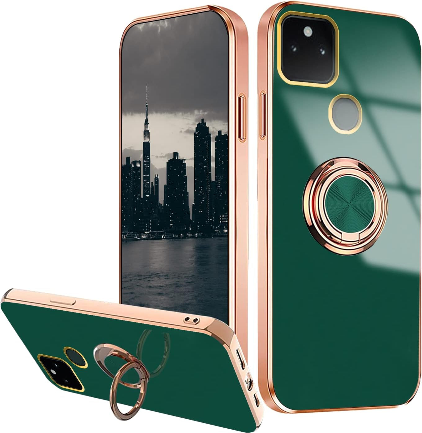 Compatible with Google Pixel 5A 5G Case Ring Holder Magnet Green, Google Pixel 5A 5G Phone Case Silicone Shockproof Plate Luxury Slim Cover (Purple) Wousunly Dark Green