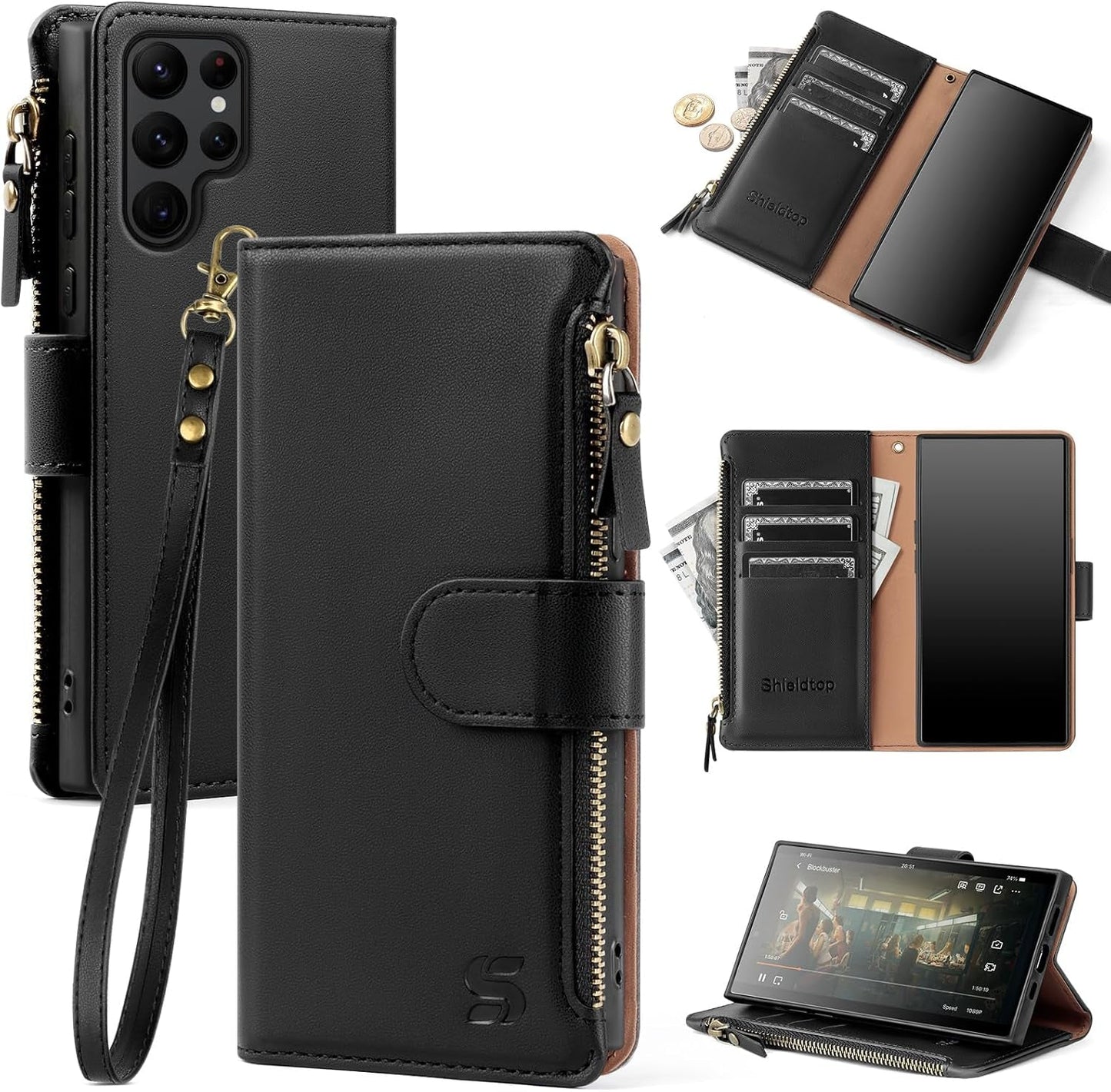 For Samsung Galaxy S22 Ultra 5G Wallet Case,Galaxy S22 Ultra Phone Case PU Leather Flip Folio Protective Cover Zipper Pocket Credit Card Slots Holder RFID Blocking,For Women Men,Wine Red