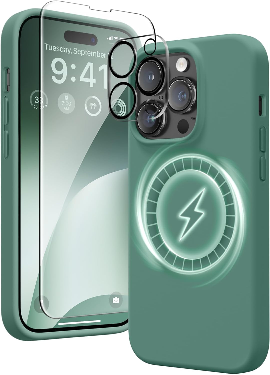 GONEZ for Iphone 14 Pro Max Case Silicone, Compatible with Magsafe, with 2X Screen Protector + 2X Camera Lens Protector, Liquid Silicone Shockproof Protective Iphone 14 Promax Case, Blue GONEZ Midnight Green