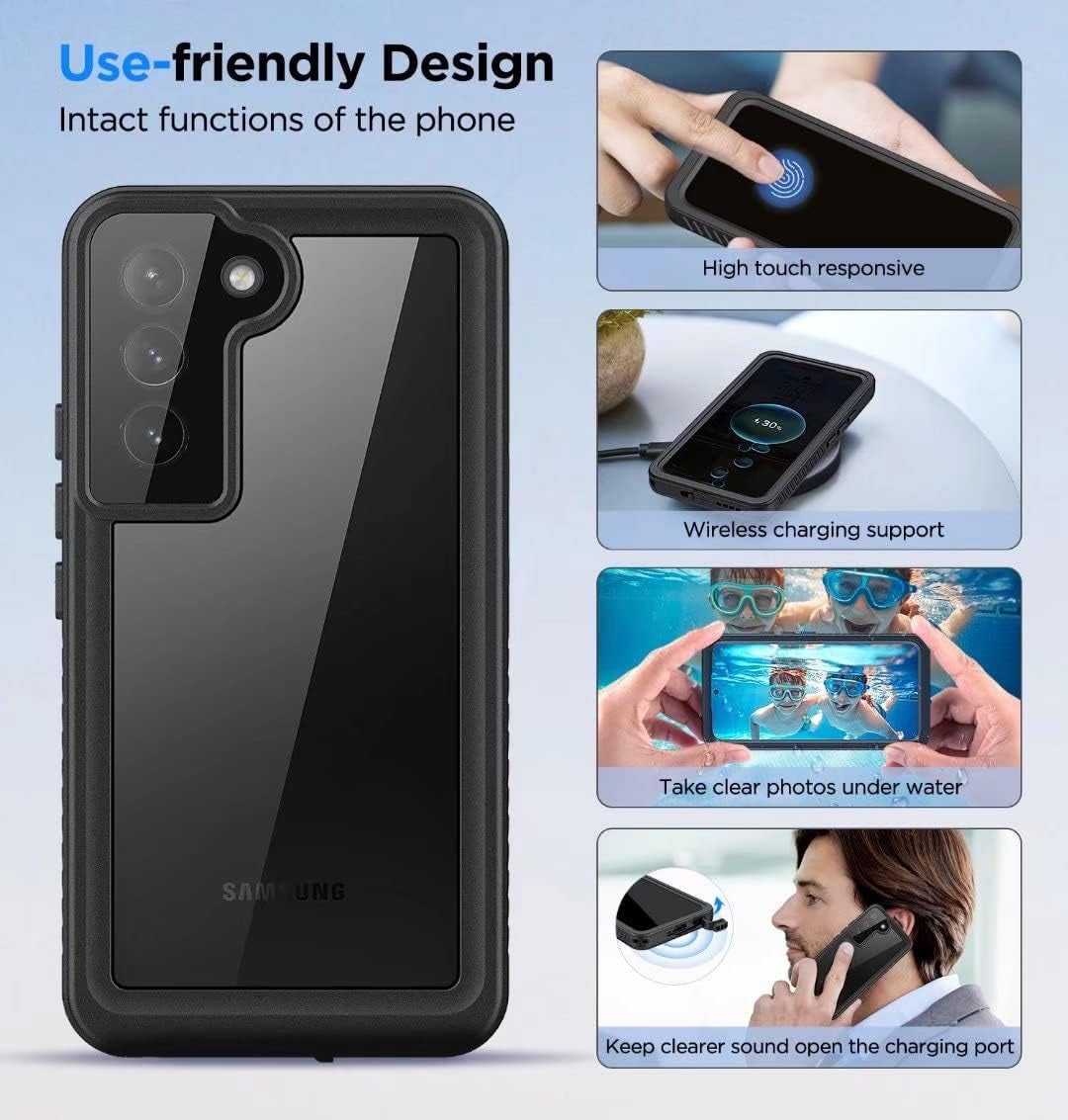 For Samsung Galaxy S22 Case, Waterproof Galaxy S22 Case with Built-In Screen Protector, Shockproof Dustproof Heavy Duty Full Body Protective Case for Samsung Galaxy S22 5G 6.1" 2022 Black