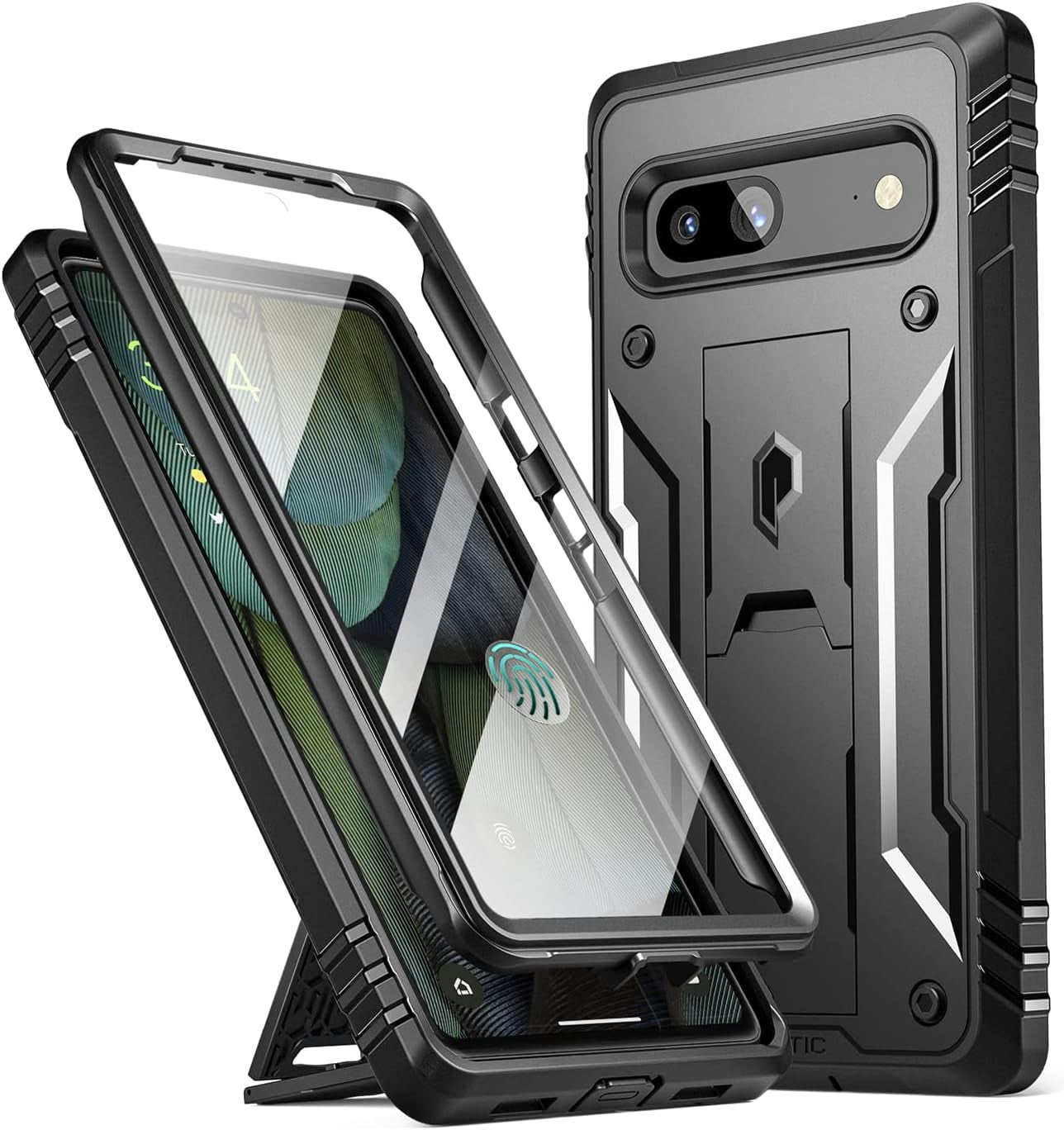 Poetic Revolution Case for Google Pixel 7A 5G, Built-In Screen Protector Work with Fingerprint ID, Full Body Rugged Shockproof Protective Cover Case with Kickstand, Light Pink Poetic Black