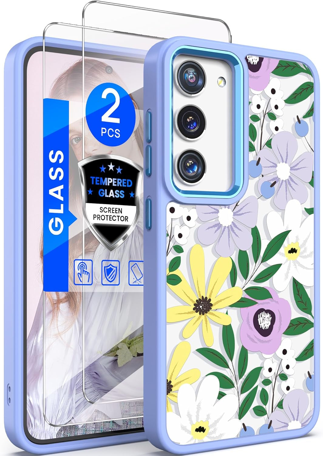 Dretal for Samsung Galaxy S22 5G Case Floral, Military Grade Drop Tested Hard Back & Soft Edge Slim Flower Women Girls Phone Protective Cover + Tempered Glass Screen Protector (Deep Purple)
