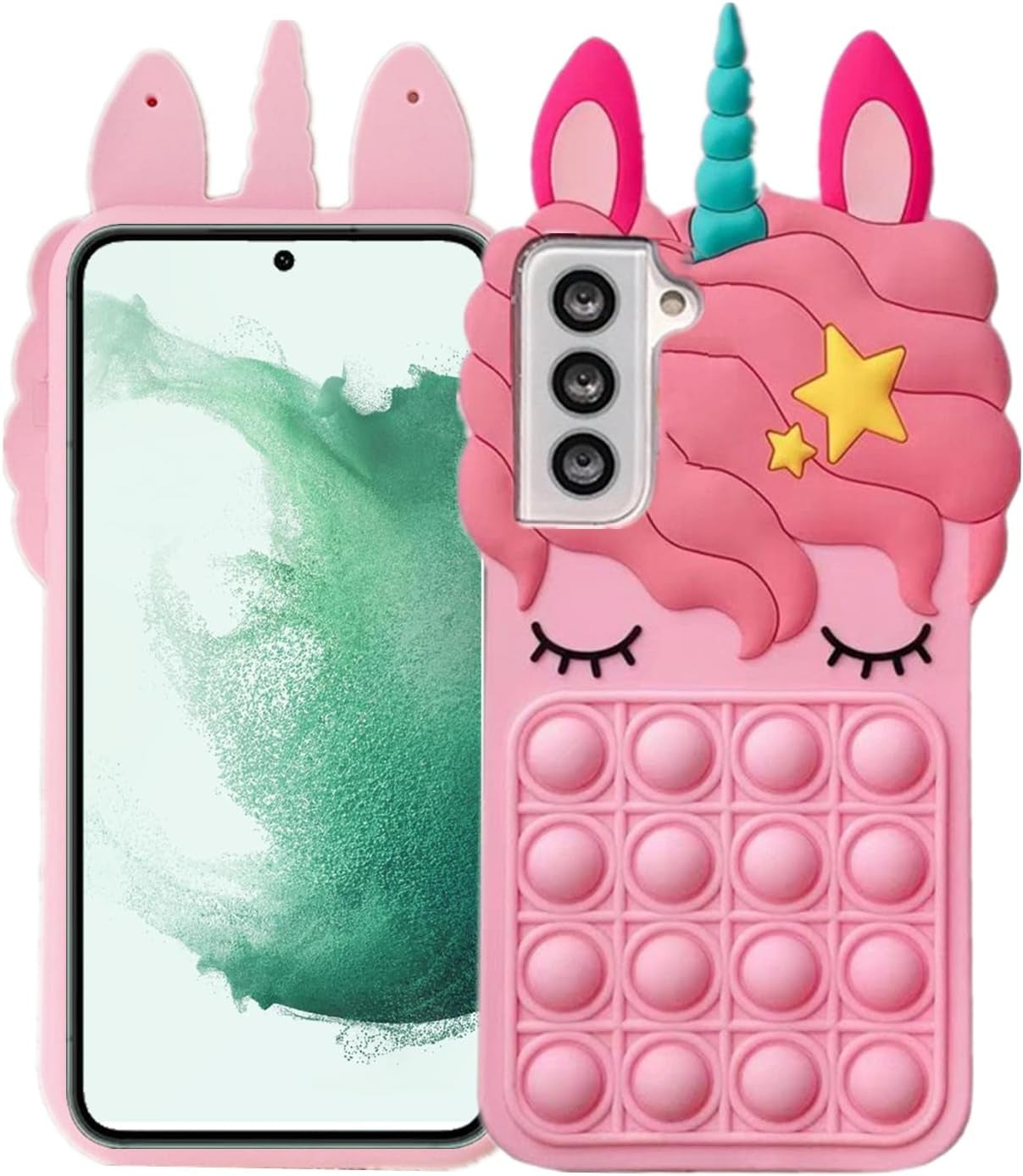 Compatible with Samsung Galaxy S22 plus Unicorn Case 6.6 Inch, 3D Cartoon Cute Soft Silicone Bubble Bumper Cover, Animated Stylish Bubble Pressed Case to Decompress for Kids Child Teens Girls Pink