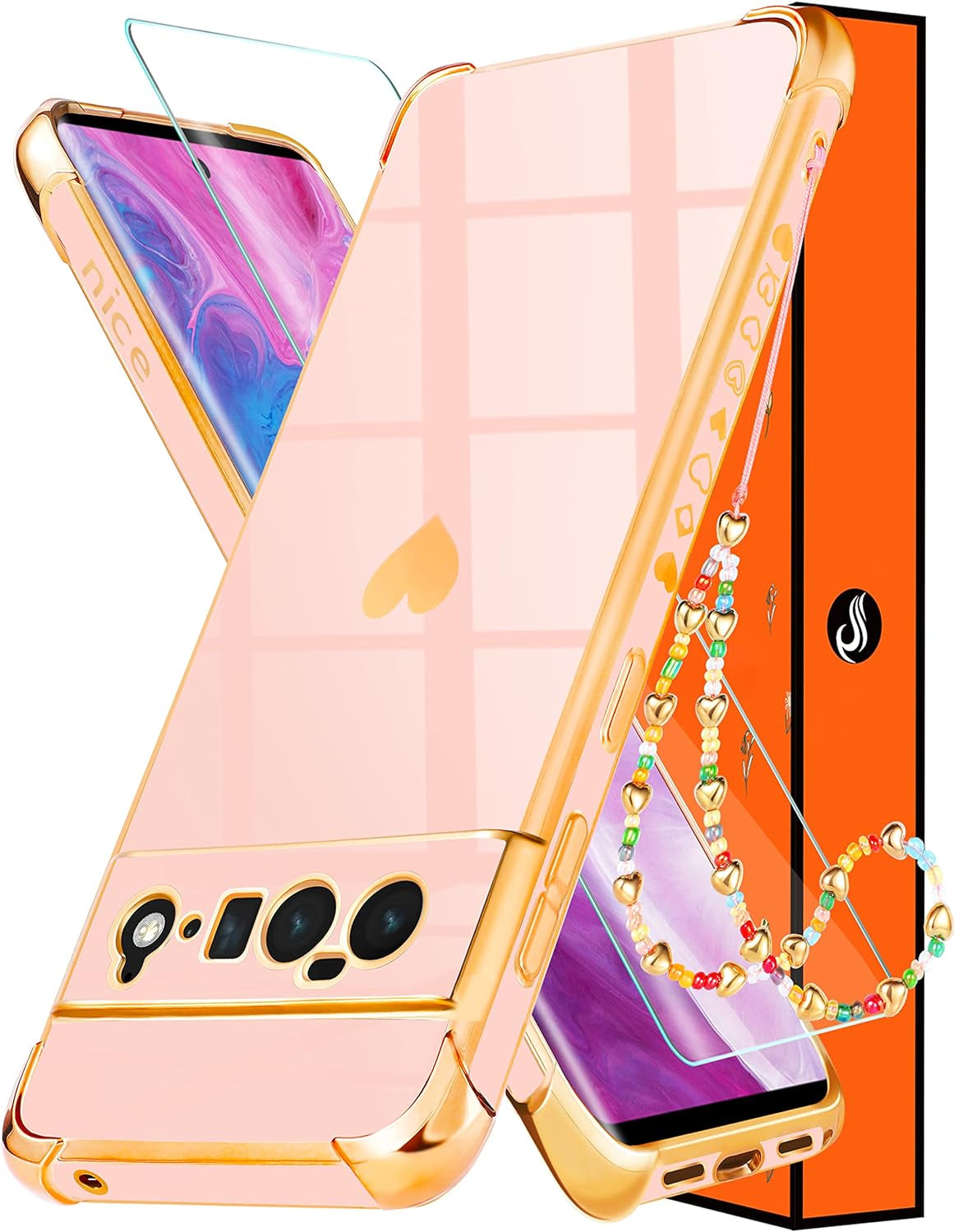 Shorogyt (3In1 Heart Case for Google Pixel 6 Case 5G 6.4 Inch Women Cute Aesthetic Love Hearts Pattern Girls Gold Luxury Girly Design Phone Cases Cover+Screen+Chain for Pixel 6 Case 5G 6.4'' qunxiner Pink For Google Pixel 6 Pro