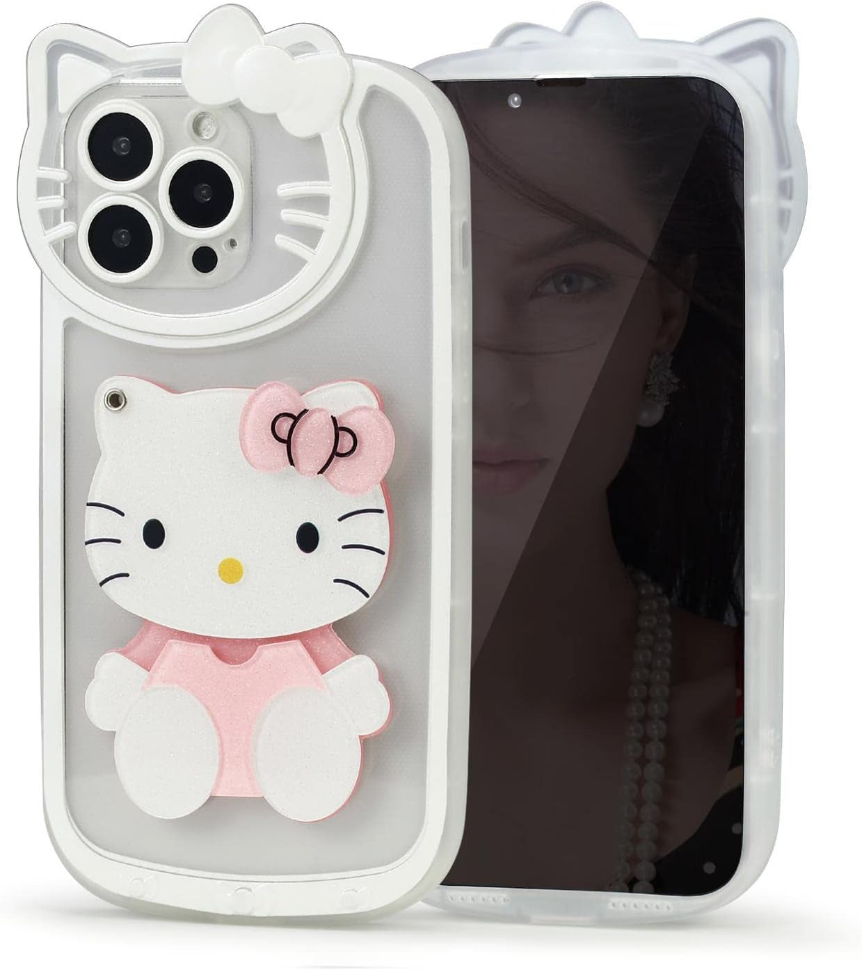 Olntun for Iphone 15 Pro Max Cute Cartoon Cat Case,3D Bow Kawaii Face Makeup Mirror Women Girls Kids Soft TPU Clear Protective Phone Cover Pink Olntun White For Iphone 15 6.1Inch
