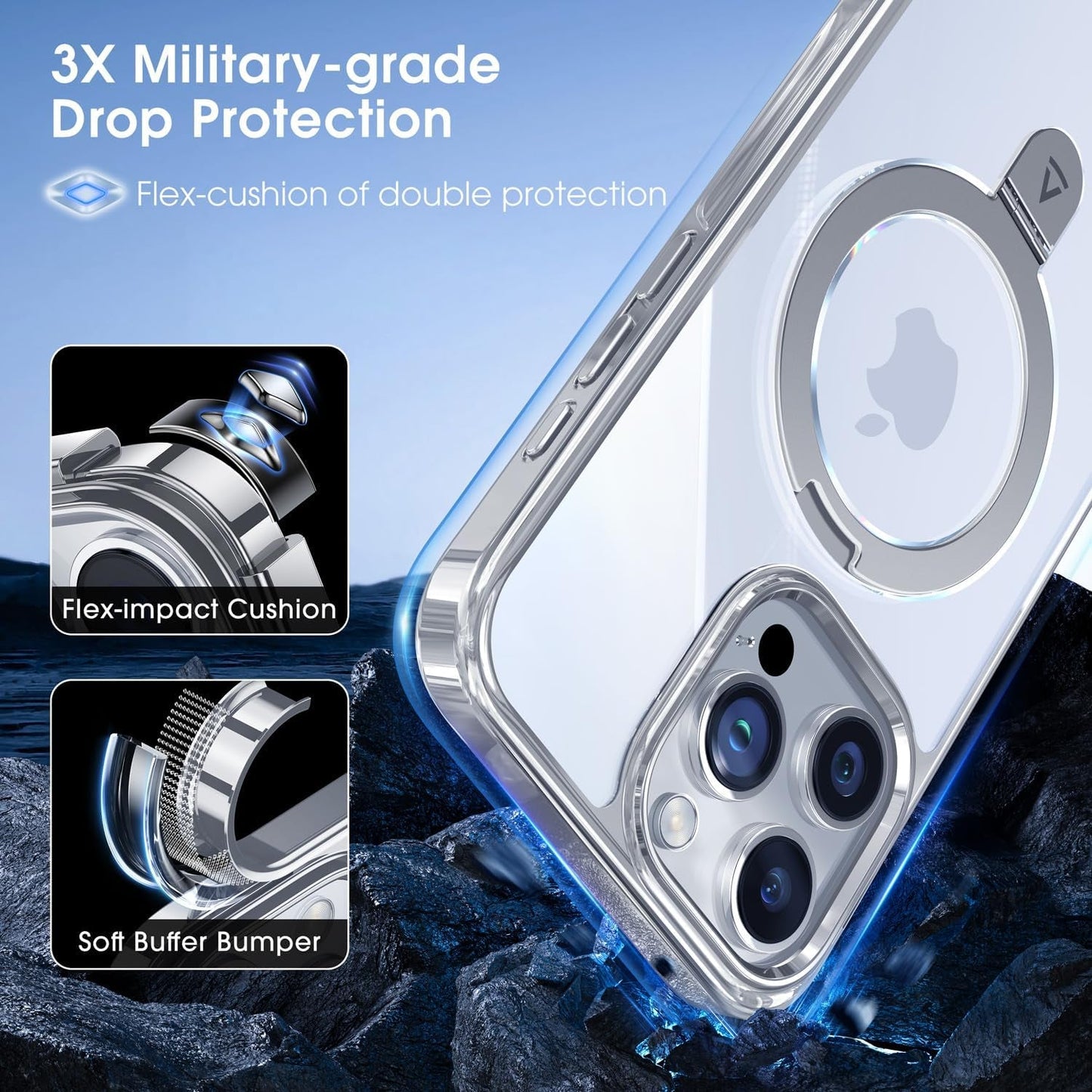 Alphex Titanium Stand for Magsafe Iphone 15 Pro Max Case, Polished Titanium Match for Iphone, 12FT Military Drop Protection, Shockproof Phone Ring Slim Cover 6.7 Inch, Silver Titanium Alphex