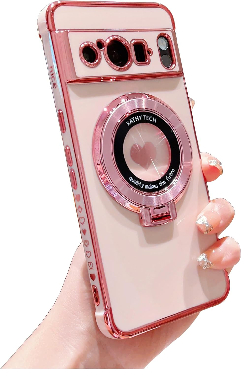 Phylla for Google Pixel 8 Pro 5G 6.7" Phone Case with Magsafe,Luxury Plated Cute Love Heart Cover with Magnetic Stand Holder Side Small Hearts Pattern Soft Shockproof Kickstand Bumper for Women-Black PHYLLA\1 Pink