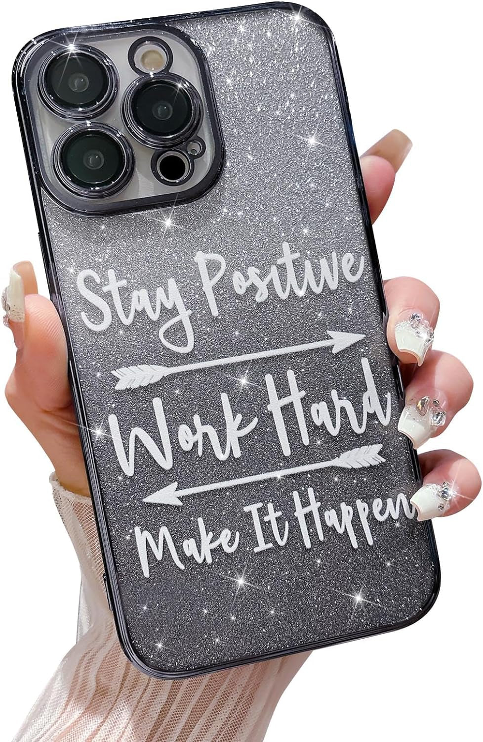 MGQILING Compatible with Iphone 15 Pro Max, Fashion Plating Pattern Slogan Bling Case, Handwritten Letter and Cupid'S Arrow Design Case for Women Girls Full Camera Lens Protective Back Cover-Pink MGQILING Black