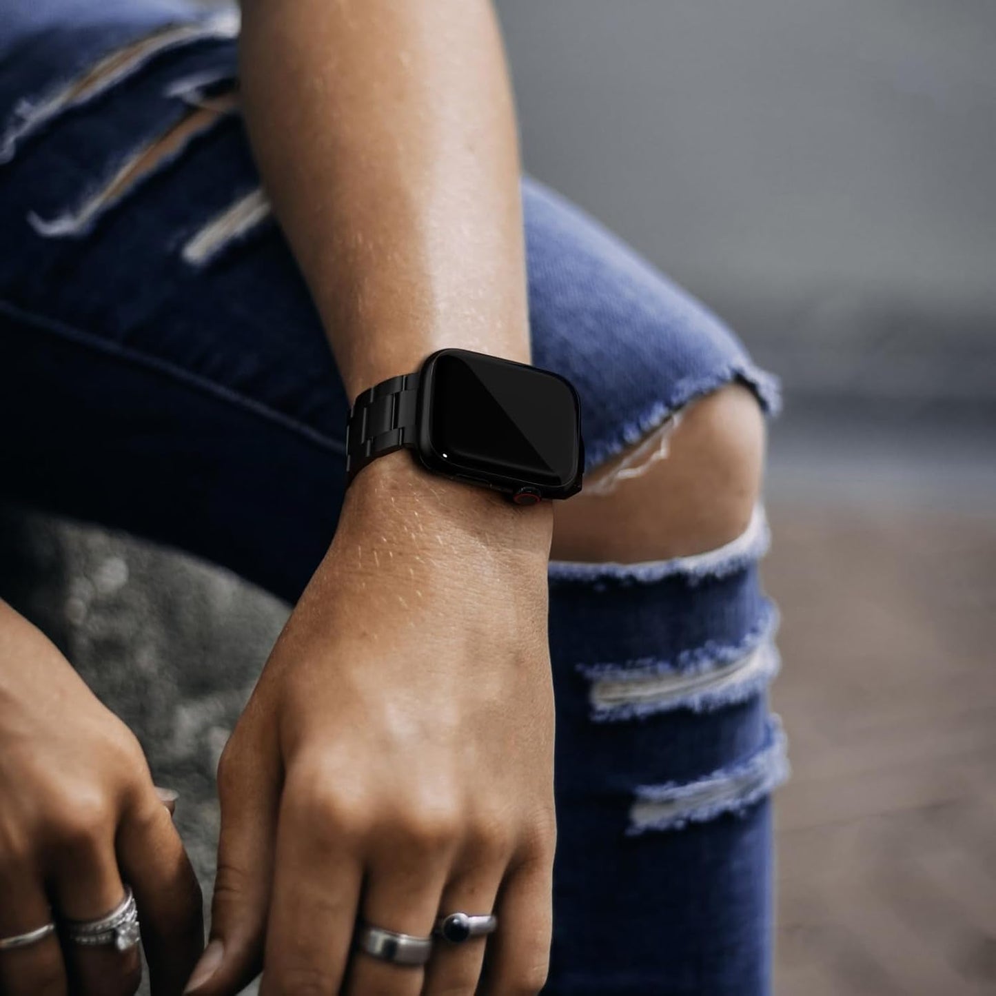 Finestone Metal Band for Apple Watch - No Tool Needed Apple Watch Stainless Steel Band Compatible with Apple Watch 41Mm 40Mm 38Mm - Magnetic Clasp Strap for Iwatch Series 9/8/7/6/5/4/3/2/1 SE Black