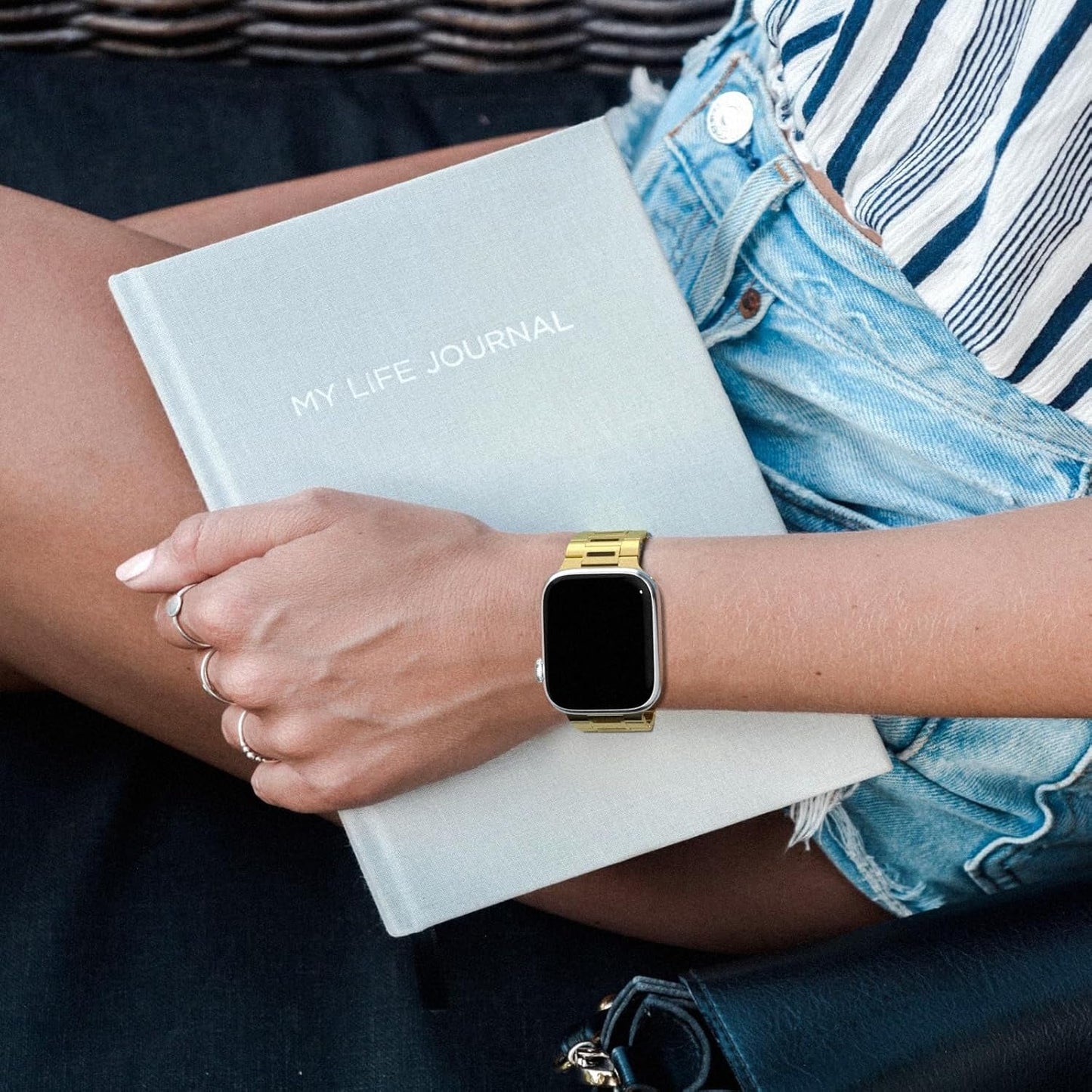 Finestone Metal Band for Apple Watch - Stainless Steel Apple Watch Band Compatible with Apple Watch 41Mm 40Mm 38Mm - Slim Hollow-Out Design Strap for Iwatch Series 9/8/7/6/5/4/3/2/1 SE Women Men Gold