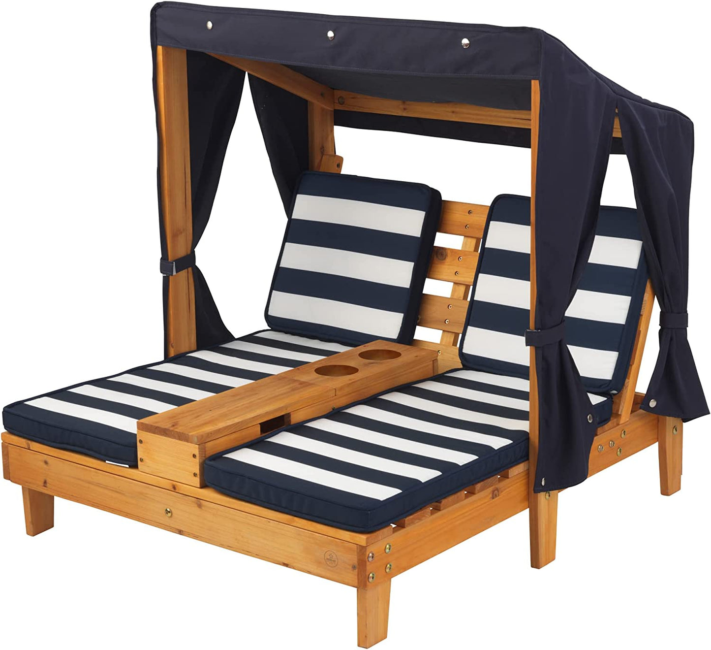 Kidkraft Wooden Outdoor Double Chaise Lounge with Cup Holders, Patio Furniture for Kids or Pets, Espresso with Oatmeal and White Striped Fabric KIDKRAFT (DropShip) Honey/Navy/White