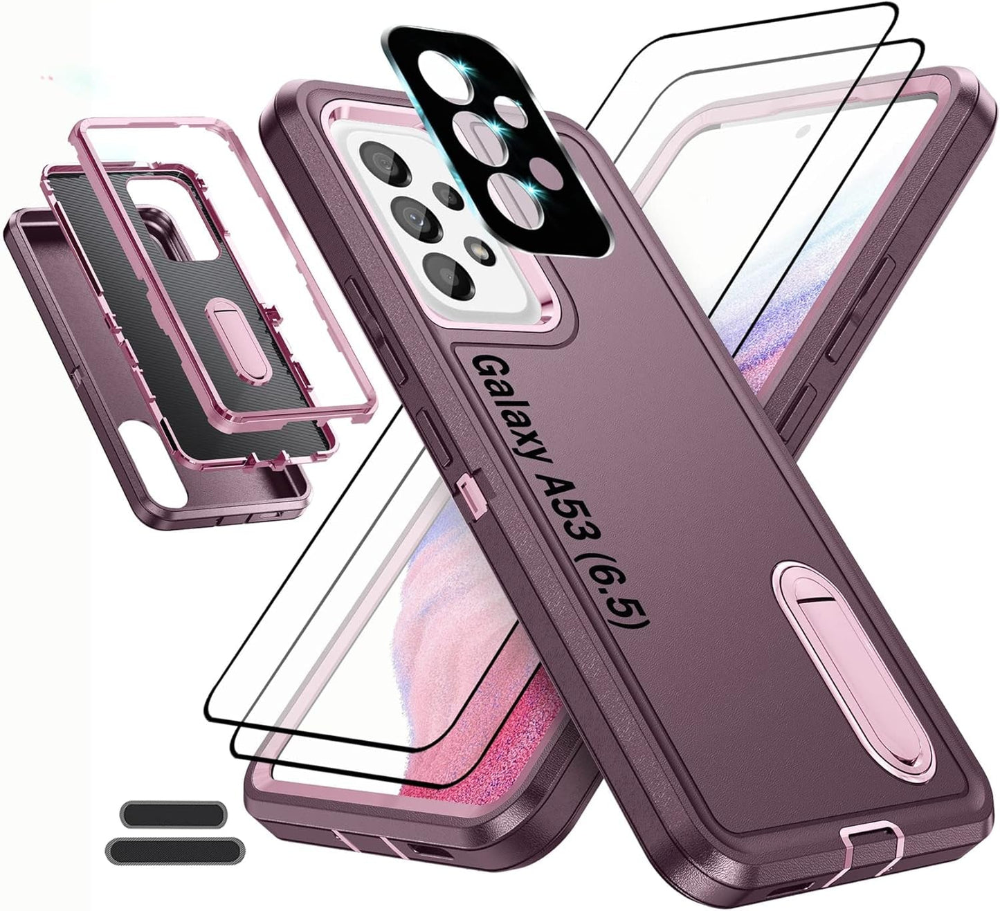 Case Is Specially Designed for Galaxy A53(5G) 6.5 Inch, Full Body Protection Heavy Duty Shock Absorbing 3 in 1 Silicone Rubber Built-In Stand with 2 Tempered Screen Protectors-Orange/Clear