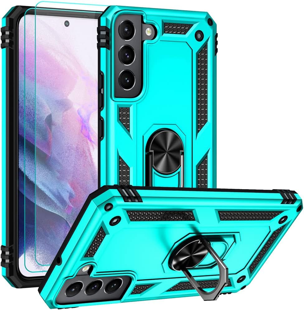 For Samsung S22 Case, Galaxy S22 Case with HD Screen Protectors, Military-Grade Metal Ring Holder Kickstand 15Ft Drop Tested Shockproof Cover Case for Samsung Galaxy S22 Black