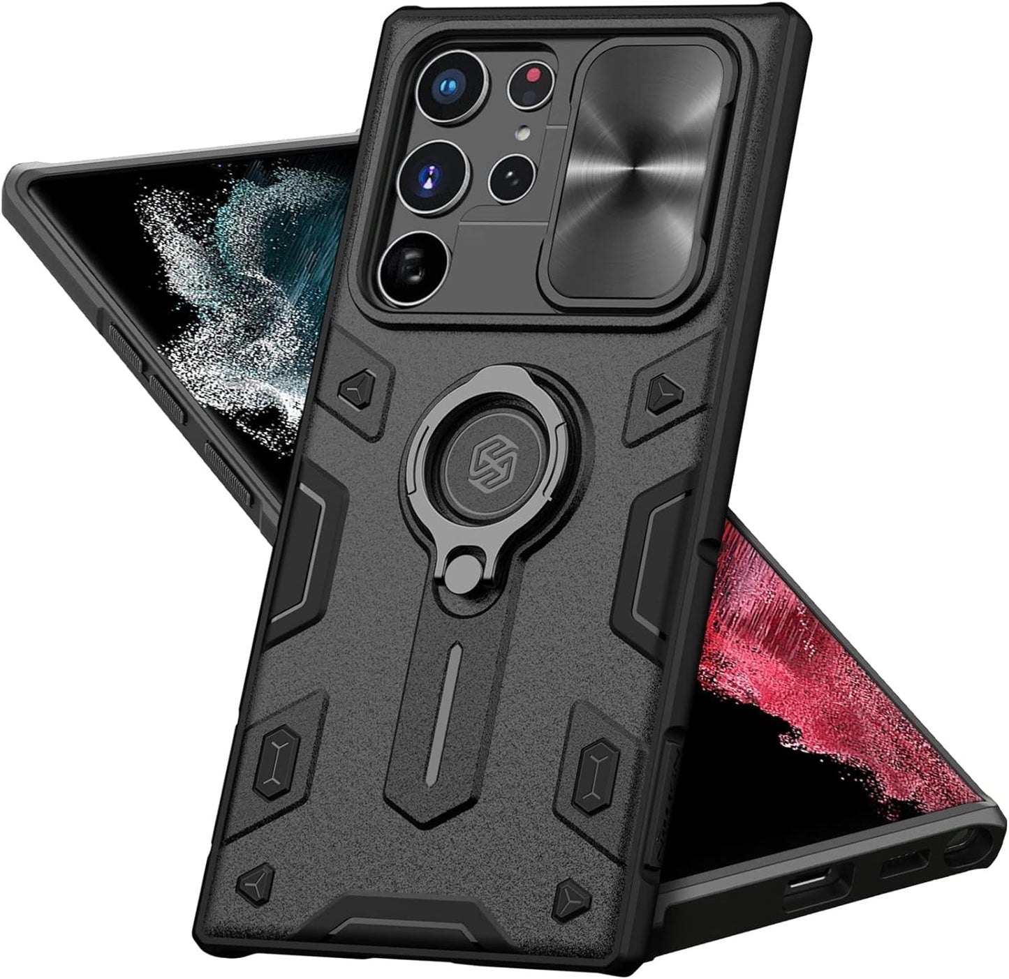 Erhu Galaxy S22 Ultra Case with Slide Camera Cover & Rotation Ring Kickstand, Military Grade, Shockproof Bumper Protective Case for Samsung Galaxy S22 Ultra 5G Case 6.8'' 2022 Black Army Style