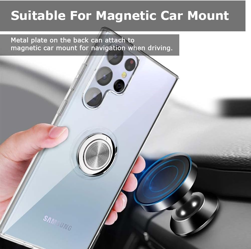 Galaxy S22 Ultra Case, Clear Body Soft TPU Shockproof Case with 360 Degree Rotation Ring Kickstand(Work with Magnetic Car Mount) for Samsung Galaxy S22 Ultra (Clear)