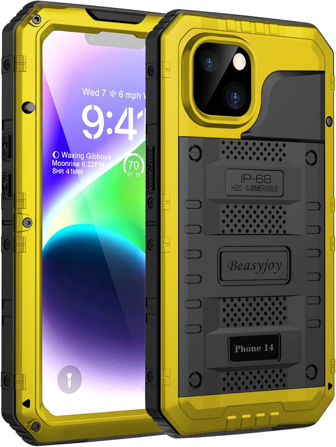 Beasyjoy Waterproof Case for Iphone 14 Pro, Metal Full Body Sealed Phone Case with Built-In Screen Protector, Military Grade Heavy Duty Defender Armor Shockproof Rugged Case 6.1 Inch, Camo Beasyjoy Yellow Iphone 14