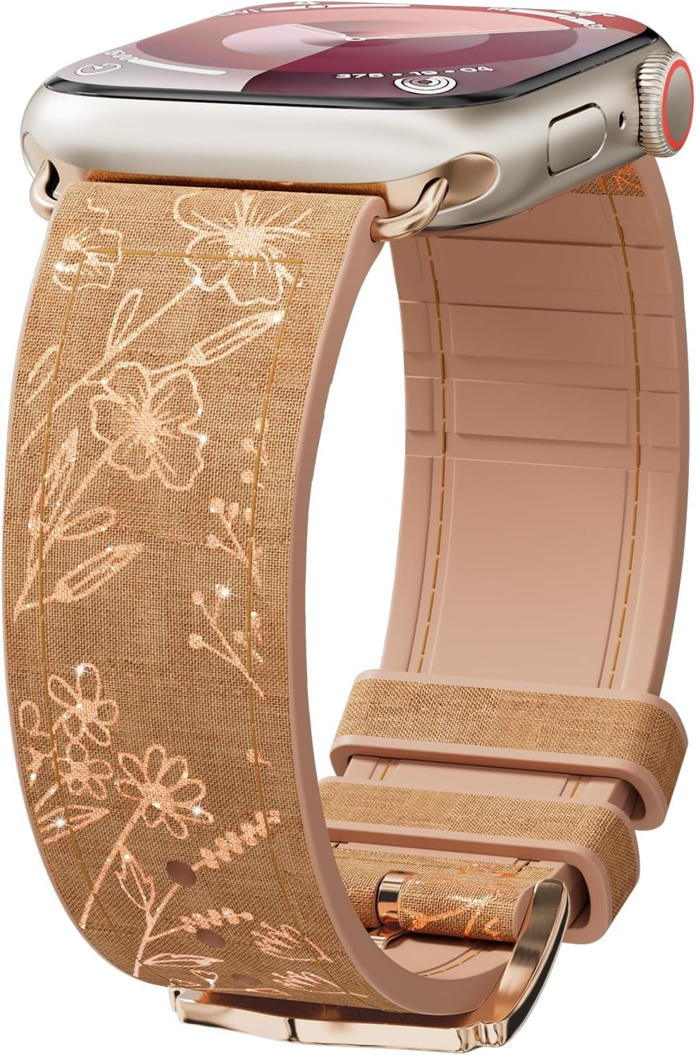 Bling Floral Bands for Apple Watch Band 40Mm 41Mm 44Mm 45Mm 38Mm 42Mm Ultra/2 49Mm Women,Eco-Leather Silicone Hybrid,Glitter Flower Sparkly Pattern Elegant Strap for Iwatch Series 9 8 7 6 5 4 3 2 SE