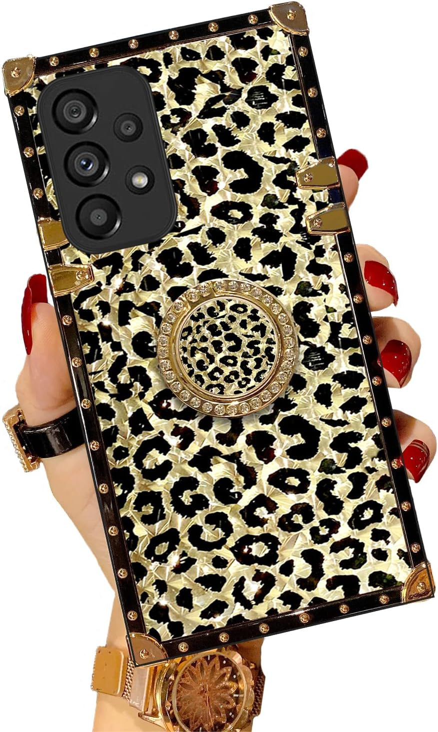 For A53 5G Case, Samsung A53 Case Square Rivet for Girls Women Crystal Shockproof Protection with Kickstand Cute Lanyard Square Retro Elegant Slim Soft Tpu Cover for Galaxy A53 5G(Black Lips)