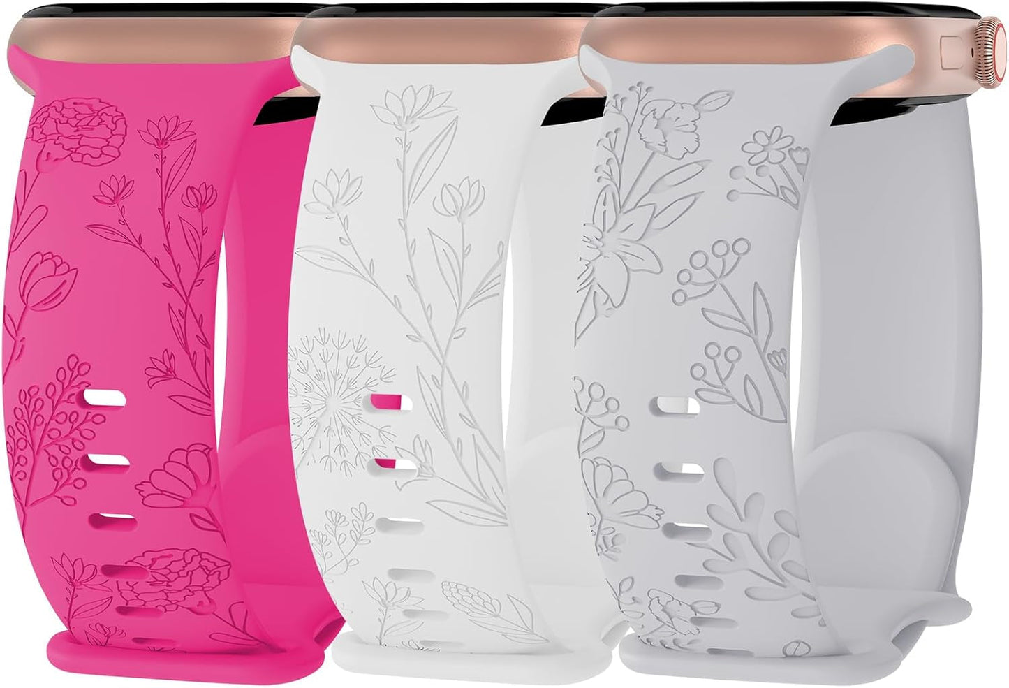 3 Pack Floral Engraved Silicone Bands Compatible with Apple Watch Band 38Mm 40Mm 41Mm 42Mm 44Mm 45Mm 49Mm Women, Soft Sport Wildflower Strap for Iwatch Ultra Series 9 8 SE 7 6 5 4 3 2 1