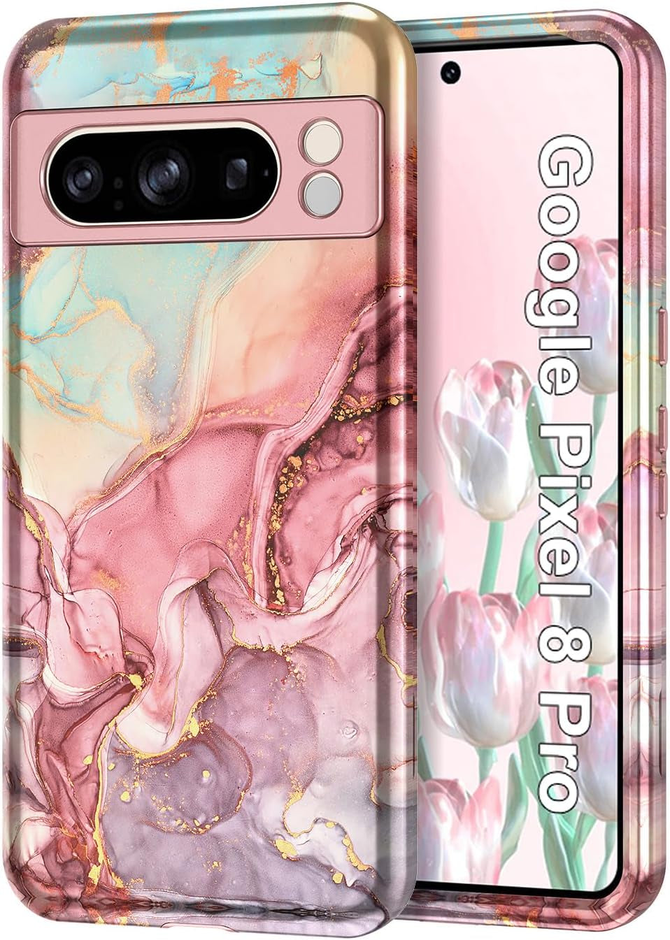 Btscase for Google Pixel 8 Pro Case (2023), Marble Pattern 3 in 1 Heavy Duty Shockproof Full Body Rugged Hard Pc+Soft Silicone Drop Protective Women Girl Cover for Google Pixel 8 Pro, Blue Pink Btscase A-Rose Gold