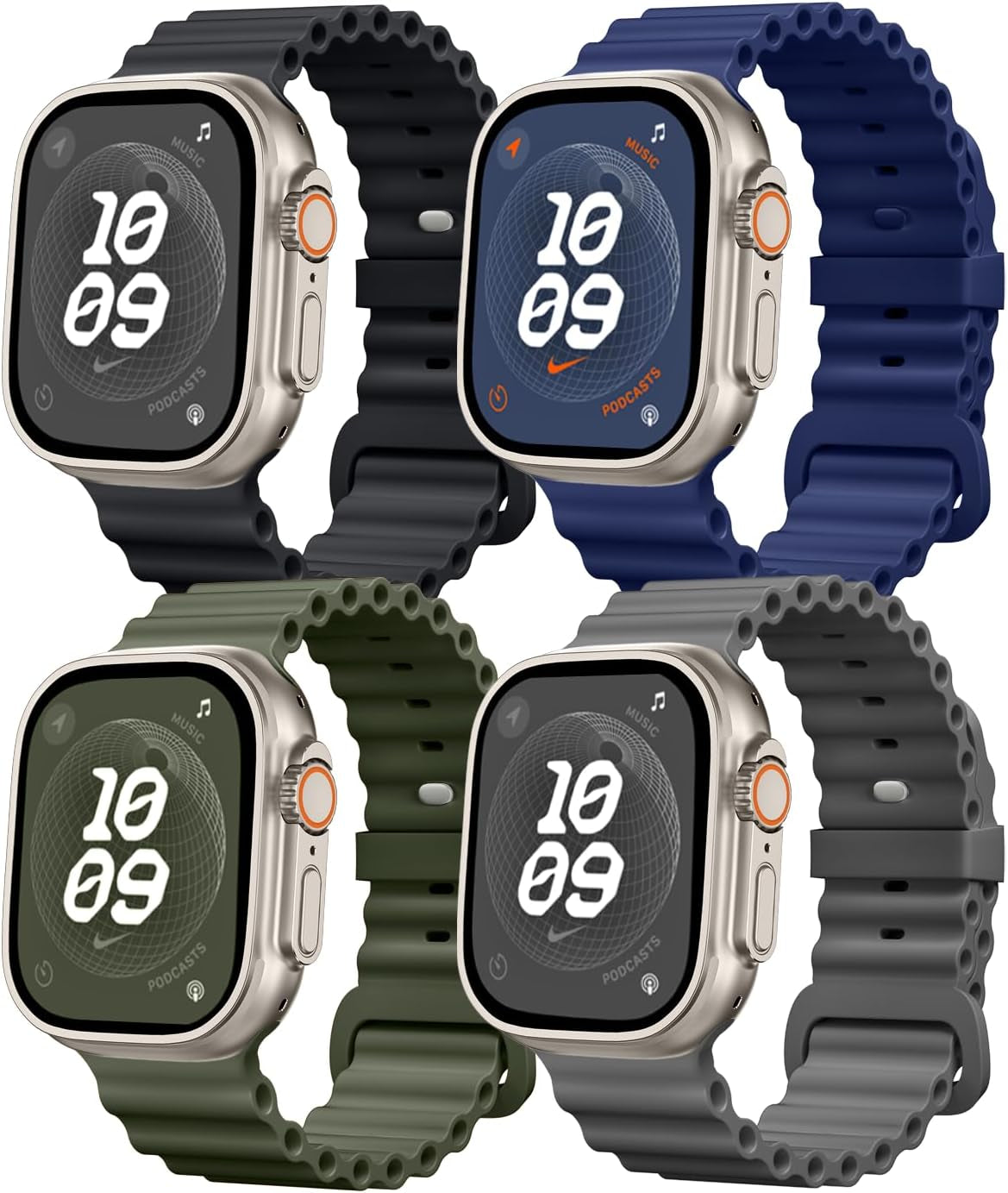 4 Pack Ocean Bands Compatible with Apple Watch Ultra Band 49Mm 45Mm 44Mm 42Mm Men Women, Soft Silicone Straps Sport Rugged Smartwatch Replacement for Iwatch Ultra Ultra 2 Series 9 8 7 6 5 4 3 2 1 SE