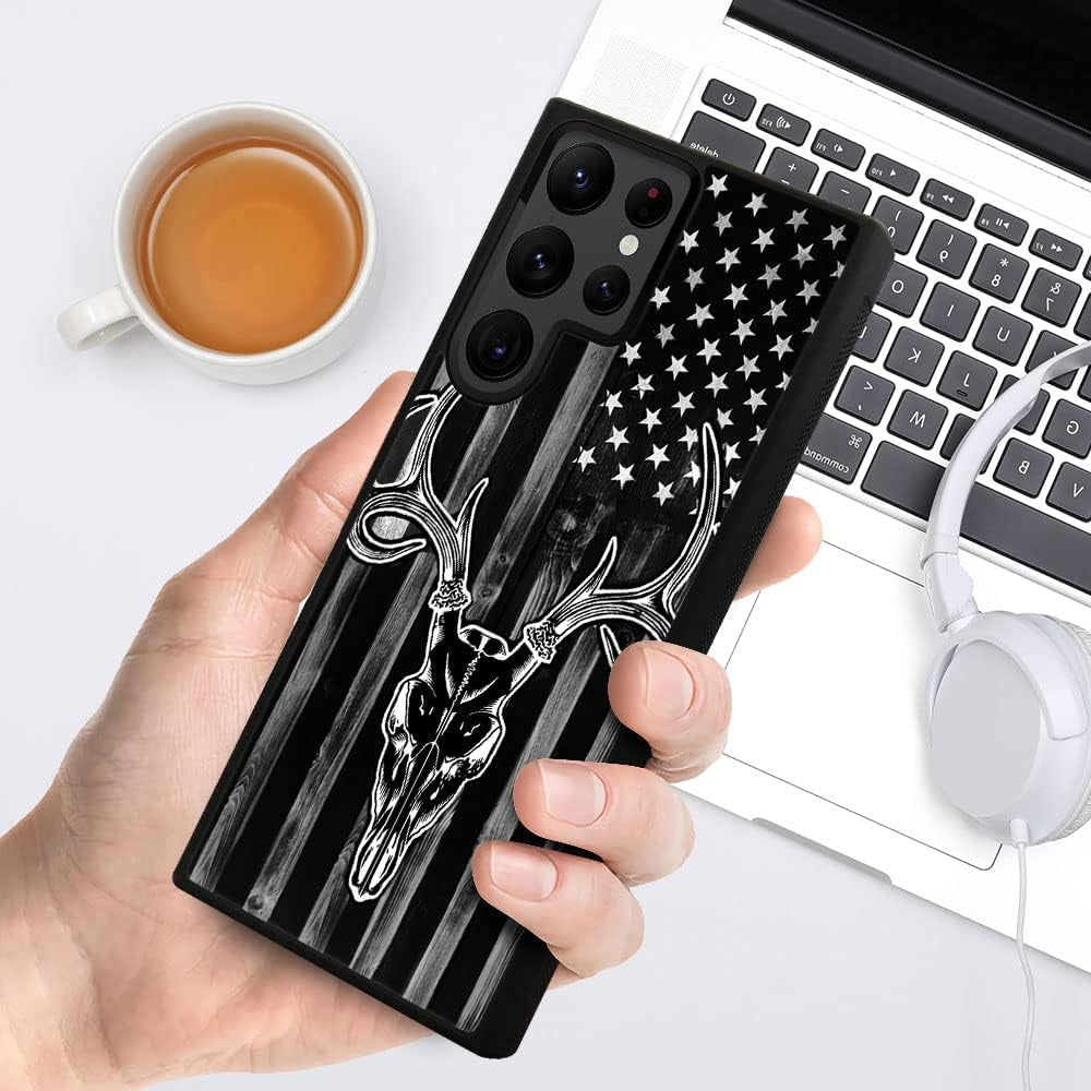 DJSOK Case Compatible with Samsung Galaxy S22 plus Case, Black Wood Grain USA American Flag Hunter Deer Pattern Design Pattern Back+Soft Silicone Protective Case