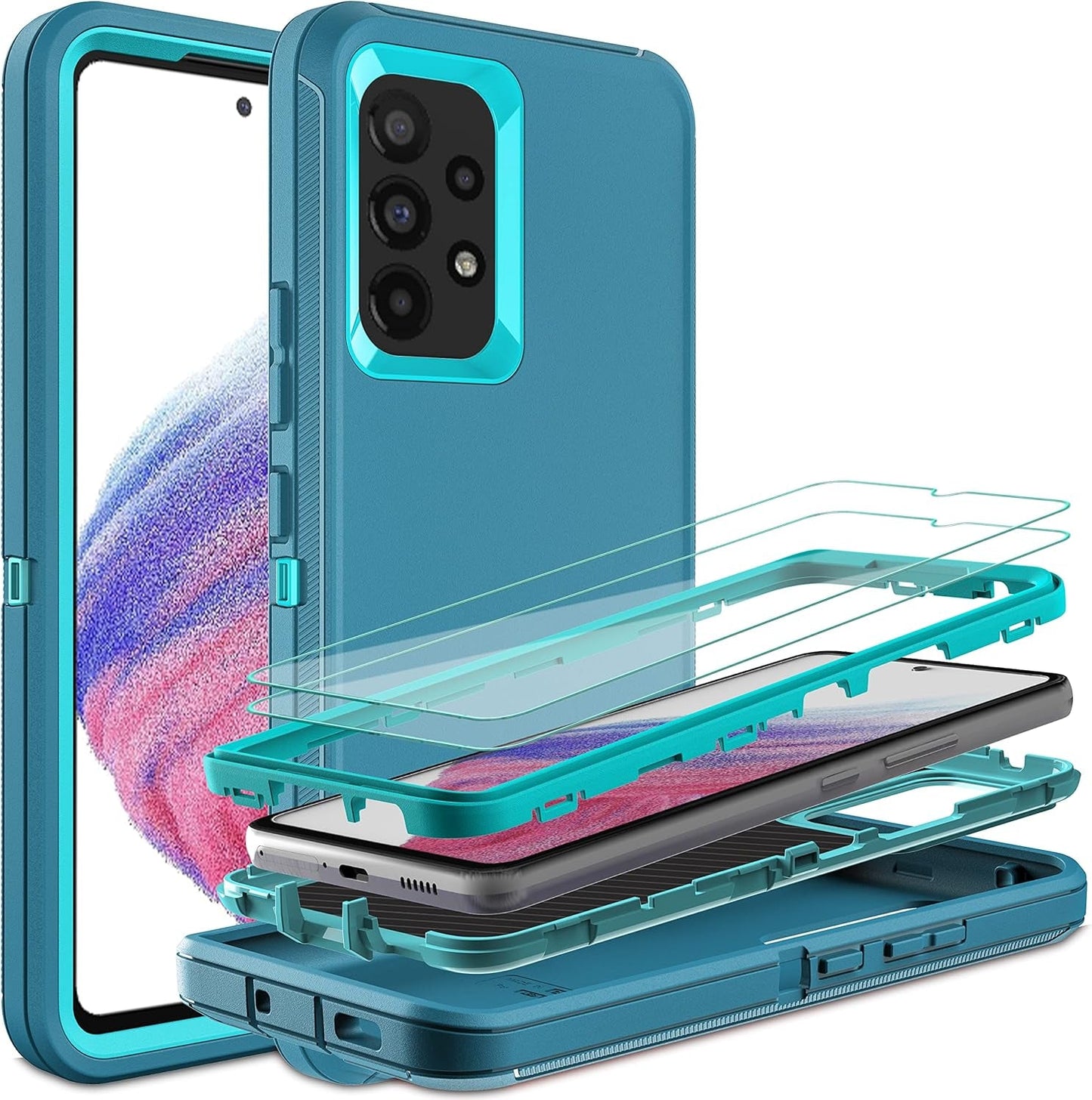 For Samsung A53 5G Case, Galaxy A53 5G Case with 2 Pcs Nano Explosion-Proof Film, 3 in 1 Full Body Shockproof Heavy Duty Protection Case for Samsung Galaxy A53 5G (Aqua Blue/Rose Pink)
