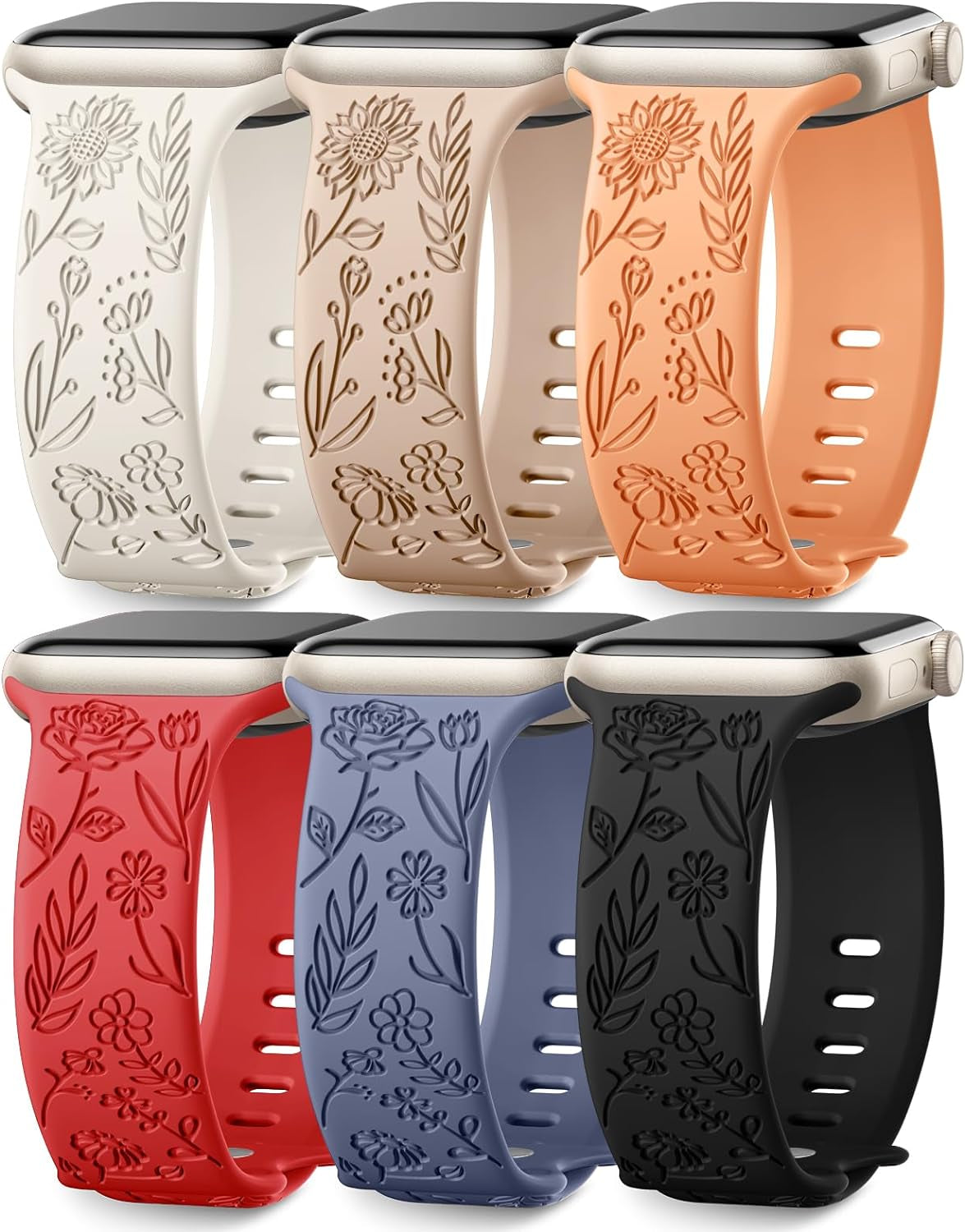6 Pack Floral Engraved Bands Compatible with Apple Watch Band 44Mm 40Mm 38Mm 41Mm 45Mm 49Mm 42Mm Women, Soft Silicone Cute Flower Pattern Sport Strap for Iwatch Bands Series Ultra Ultra 2 SE 9 8 7 6 5 4 3 2 1