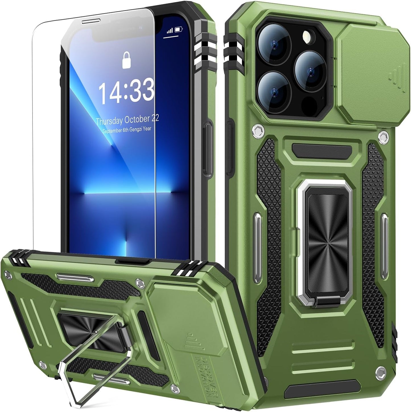 Goodon for Iphone 14 Pro Max Case with Slide Camera Cover + Screen Protector, Built in Rotated Ring Magnetic Kickstand Military Grade Shockproof Protective Phone Case 6.7" Pale - Green Goodon Olive Green Iphone 14 Pro 6.1"