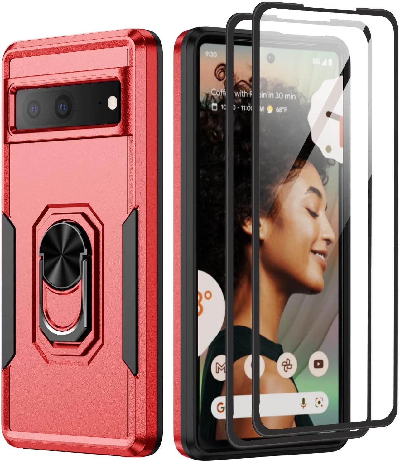 For Google Pixel 6A 5G Case with Screen Protector, Military Grade Dual Layer Heavy Duty Shockproof Full Body Protective Phone Cover, Built in Rotatable Magnetic Ring Holder for 6A (Black) Niecase Red
